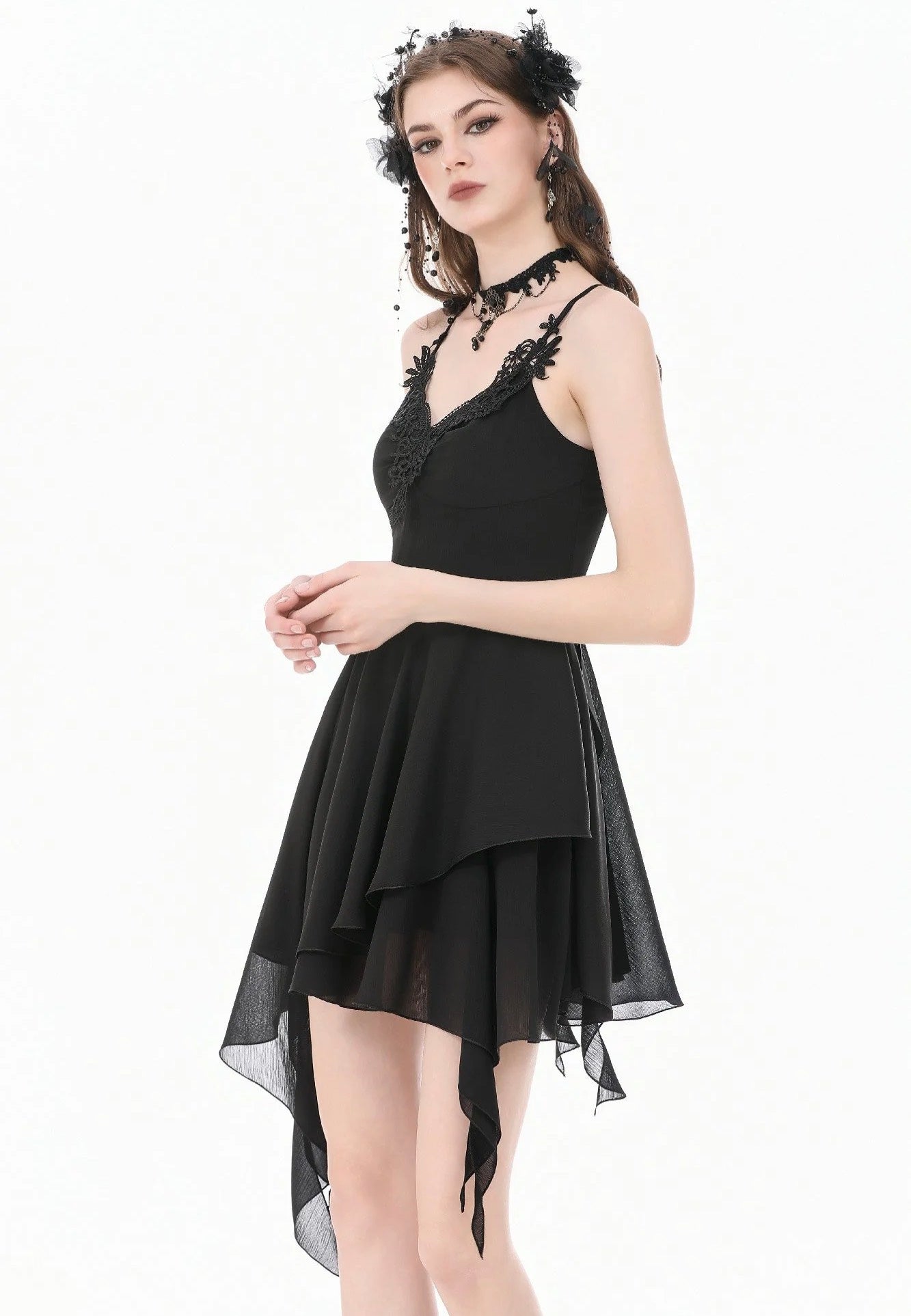 Dark In Love Goth V-Neck Lace Embroidery Asymmetric Flowy Chiffon Kleid