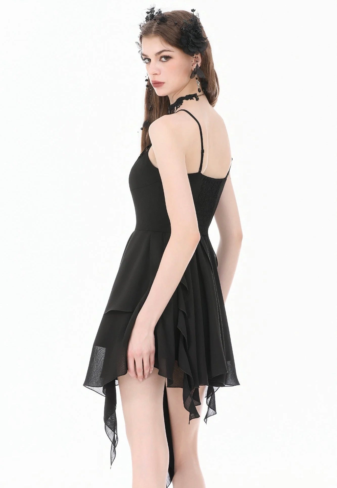 Dark In Love Goth V-Neck Lace Embroidery Asymmetric Flowy Chiffon Kleid