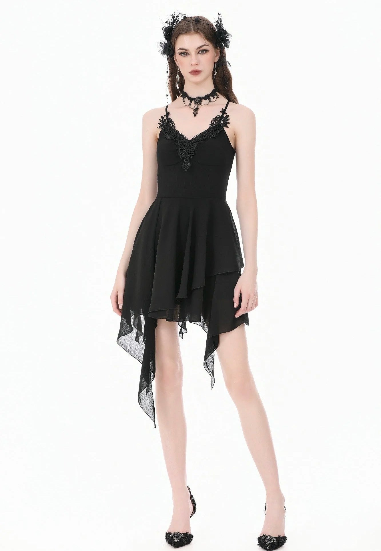 Dark In Love Goth V-Neck Lace Embroidery Asymmetric Flowy Chiffon Kleid
