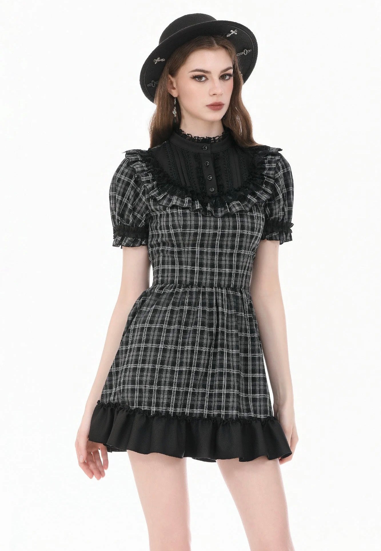 Dark In Love Dark Lolita Gingham Patchwork Lace Ruffle Kleid