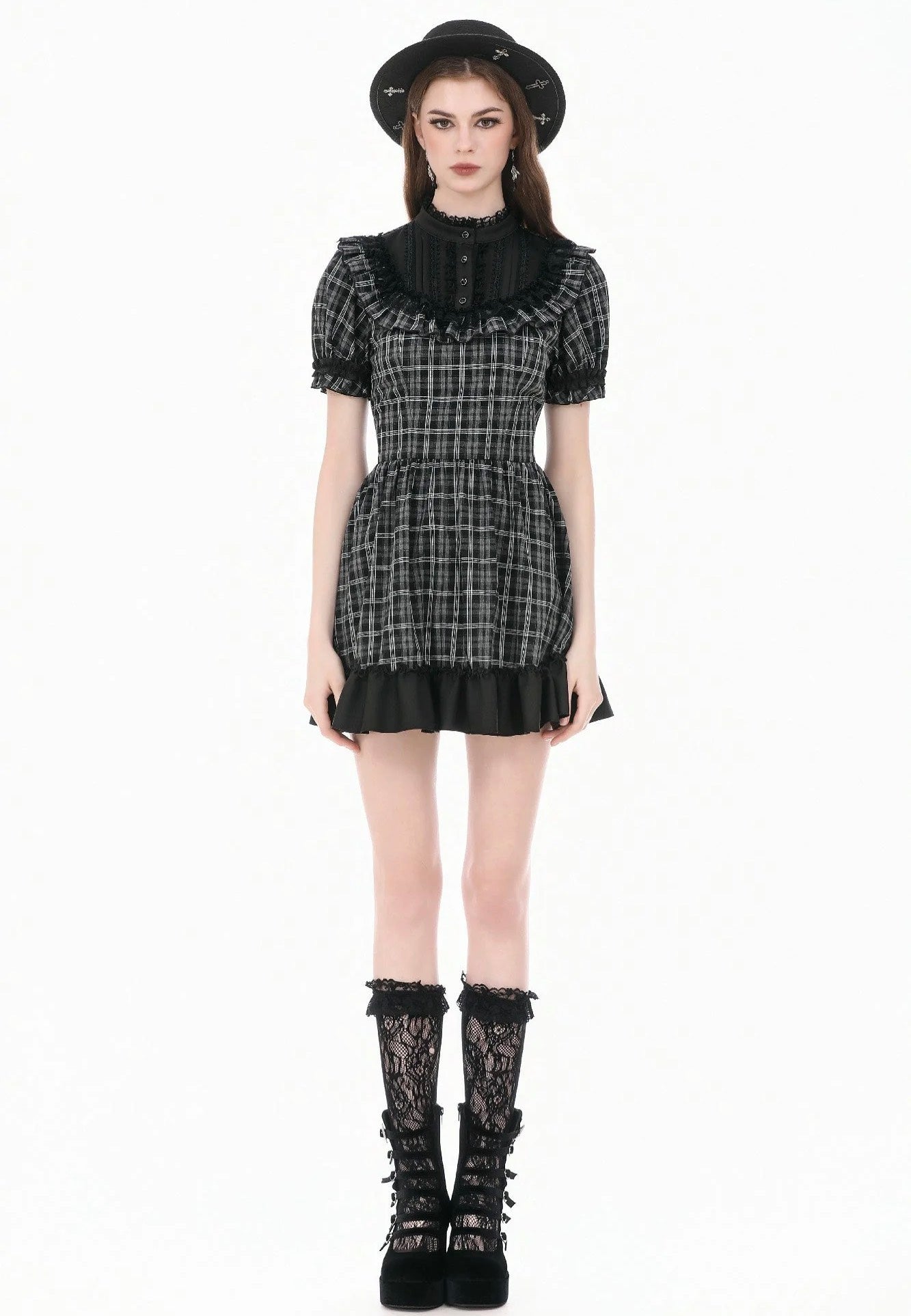 Dark In Love Dark Lolita Gingham Patchwork Lace Ruffle Kleid