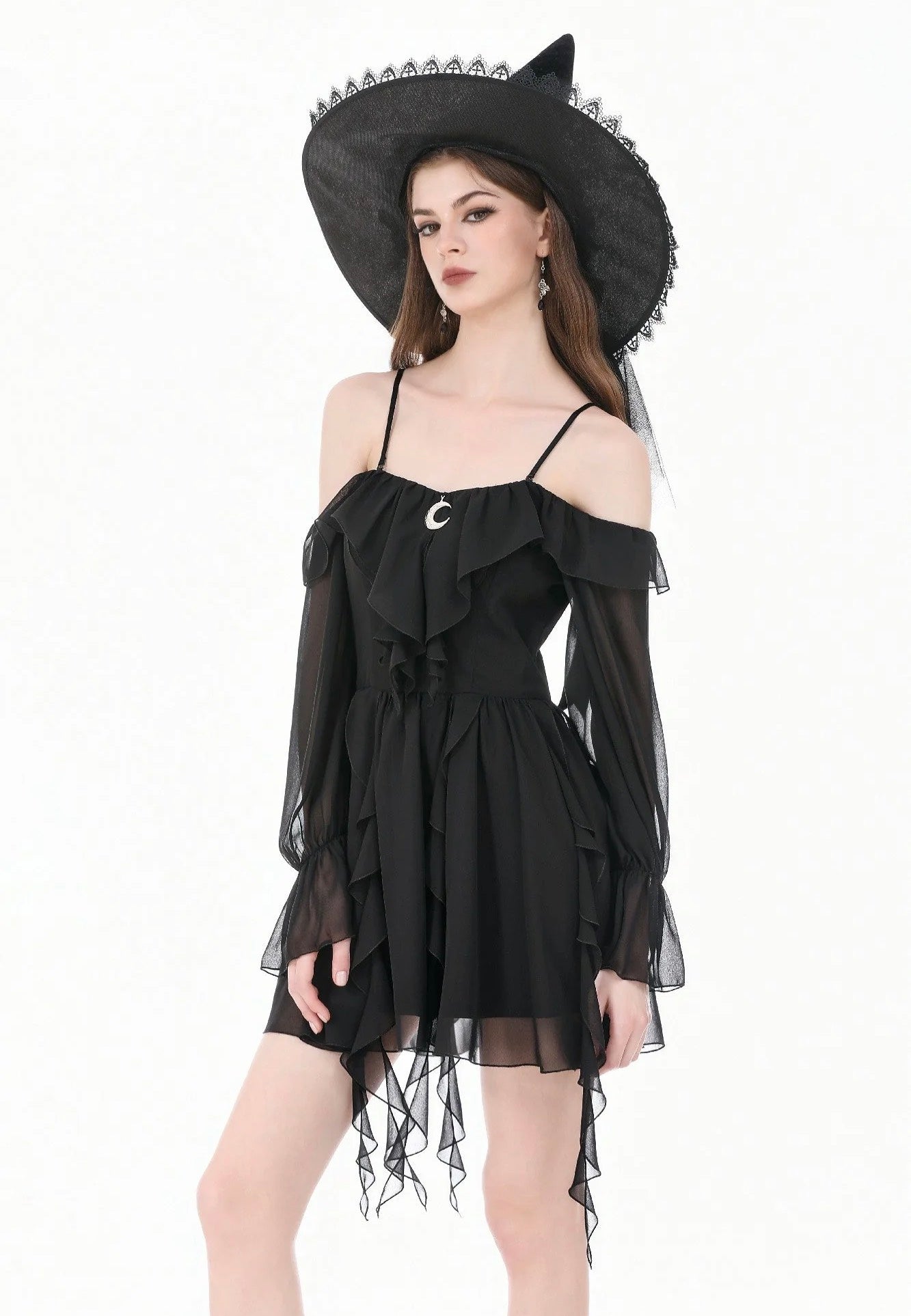 Dark In Love Gothic Black Chiffon Off The Shoulder Kleid