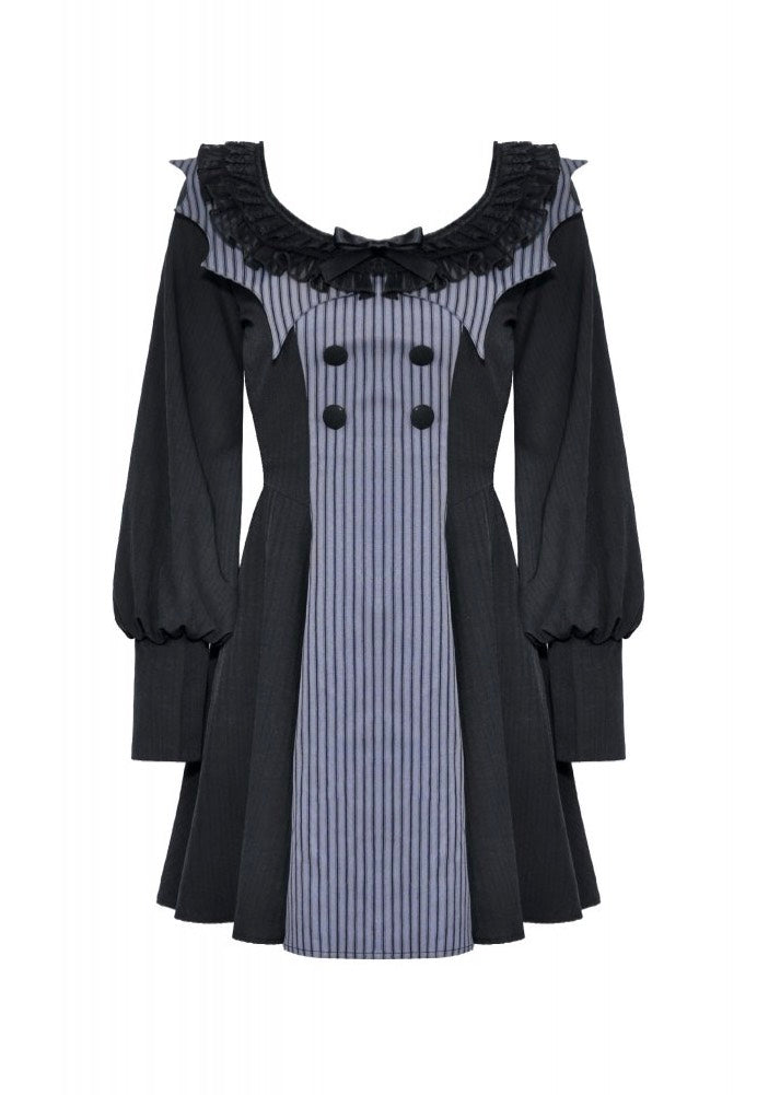 Dark In Love - Gothic Pinstripe Ruffle Neck Academism - Dress | Women-Image