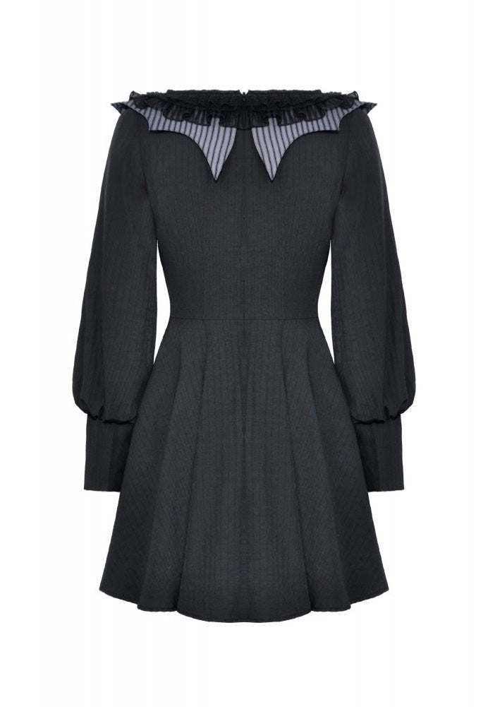 Dark In Love - Gothic Pinstripe Ruffle Neck Academism - Dress | Women-Image