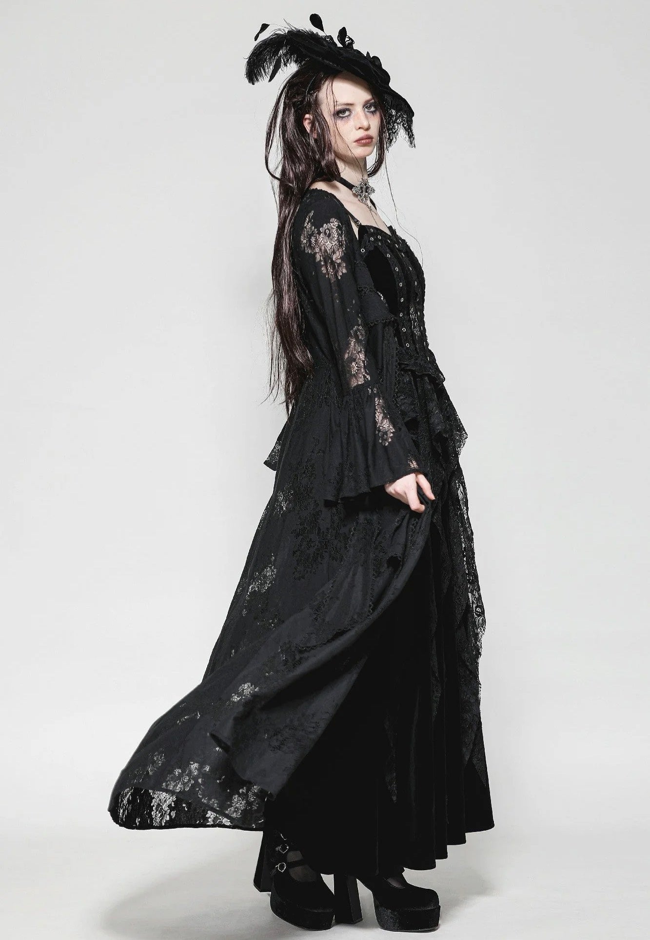 Dark In Love - Gothic Lace Trimmed Elegant Long - Robe | Women-Image