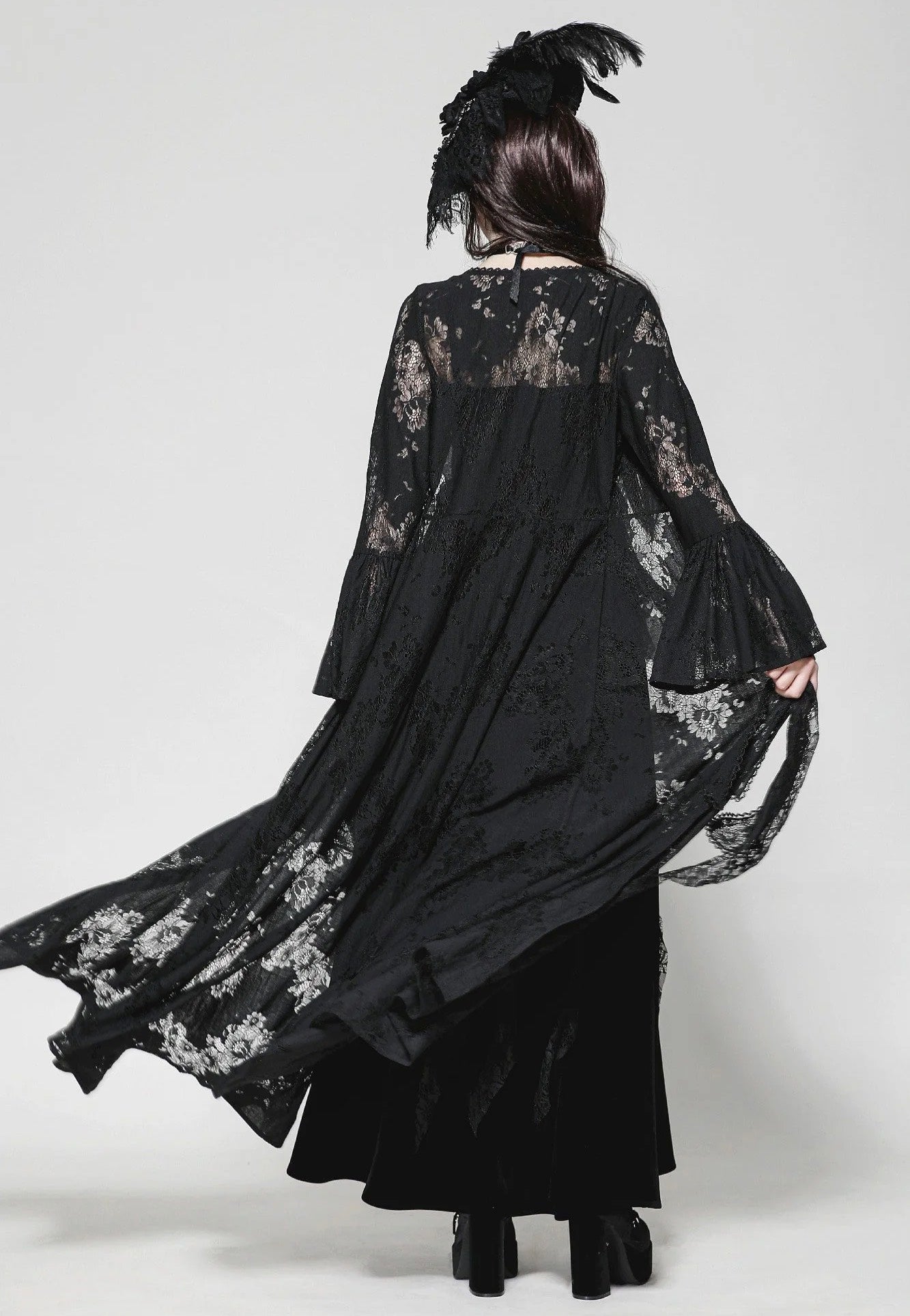 Dark In Love - Gothic Lace Trimmed Elegant Long - Robe | Women-Image