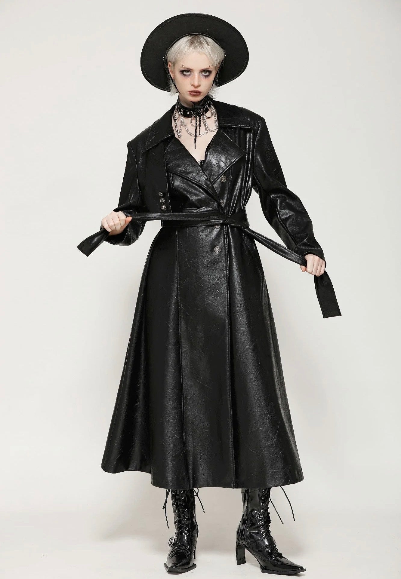 Dark In Love - Black Deep Sea Hunter Leather Long - Jacket | Women-Image