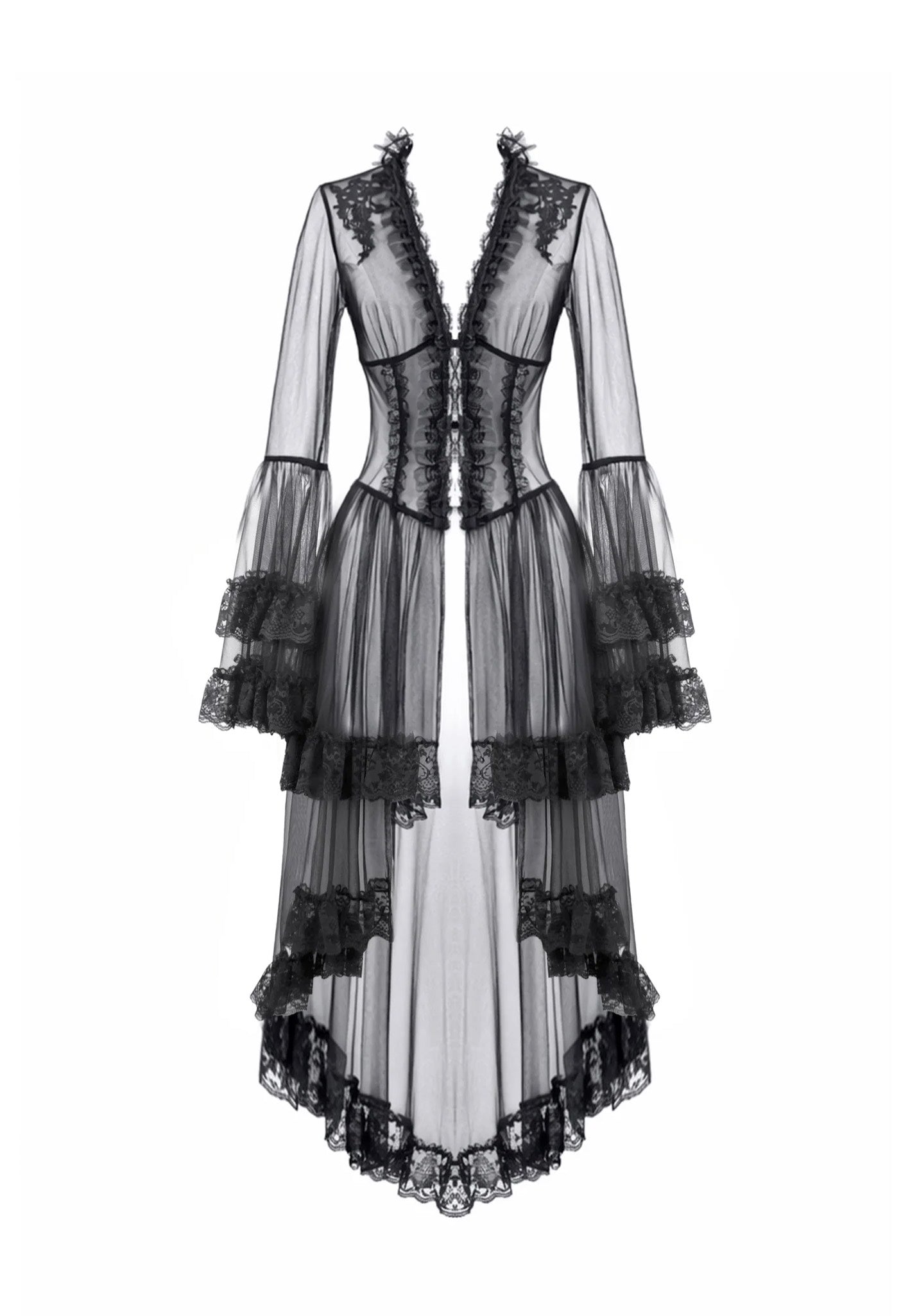 Dark In Love Gothic Retro Sheer Lace Patchwork Deep-V Flare Sleeve Duster Kleid