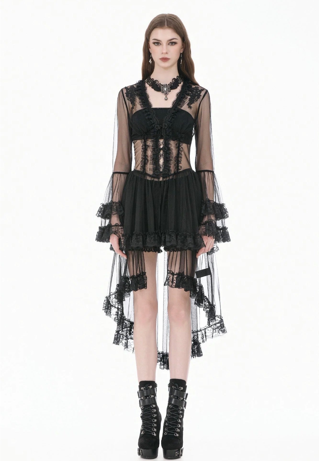 Dark In Love Gothic Retro Sheer Lace Patchwork Deep-V Flare Sleeve Duster Kleid