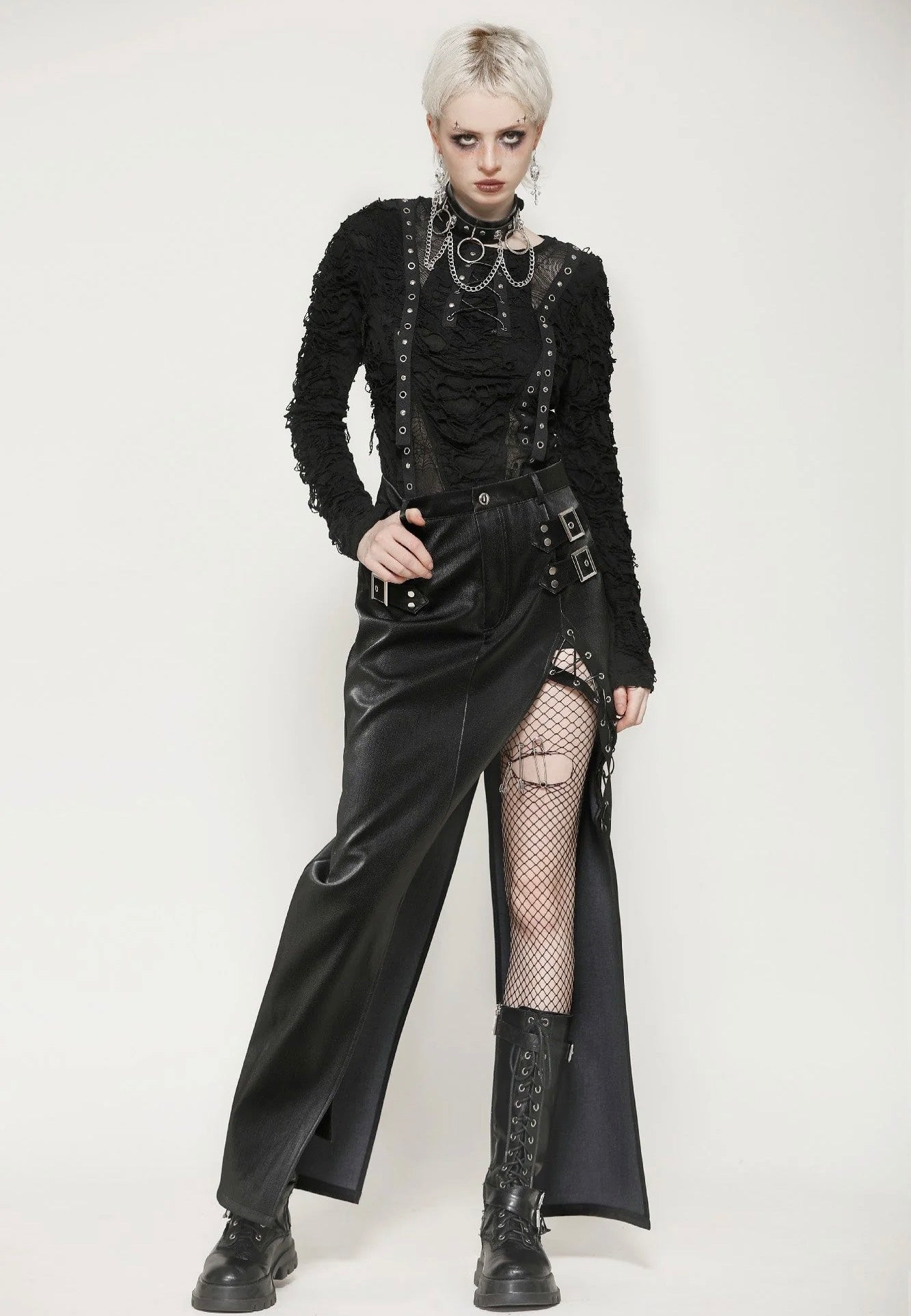 Dark In Love - Punk Black Leather Bodycon Split - Skirt | Women-Image