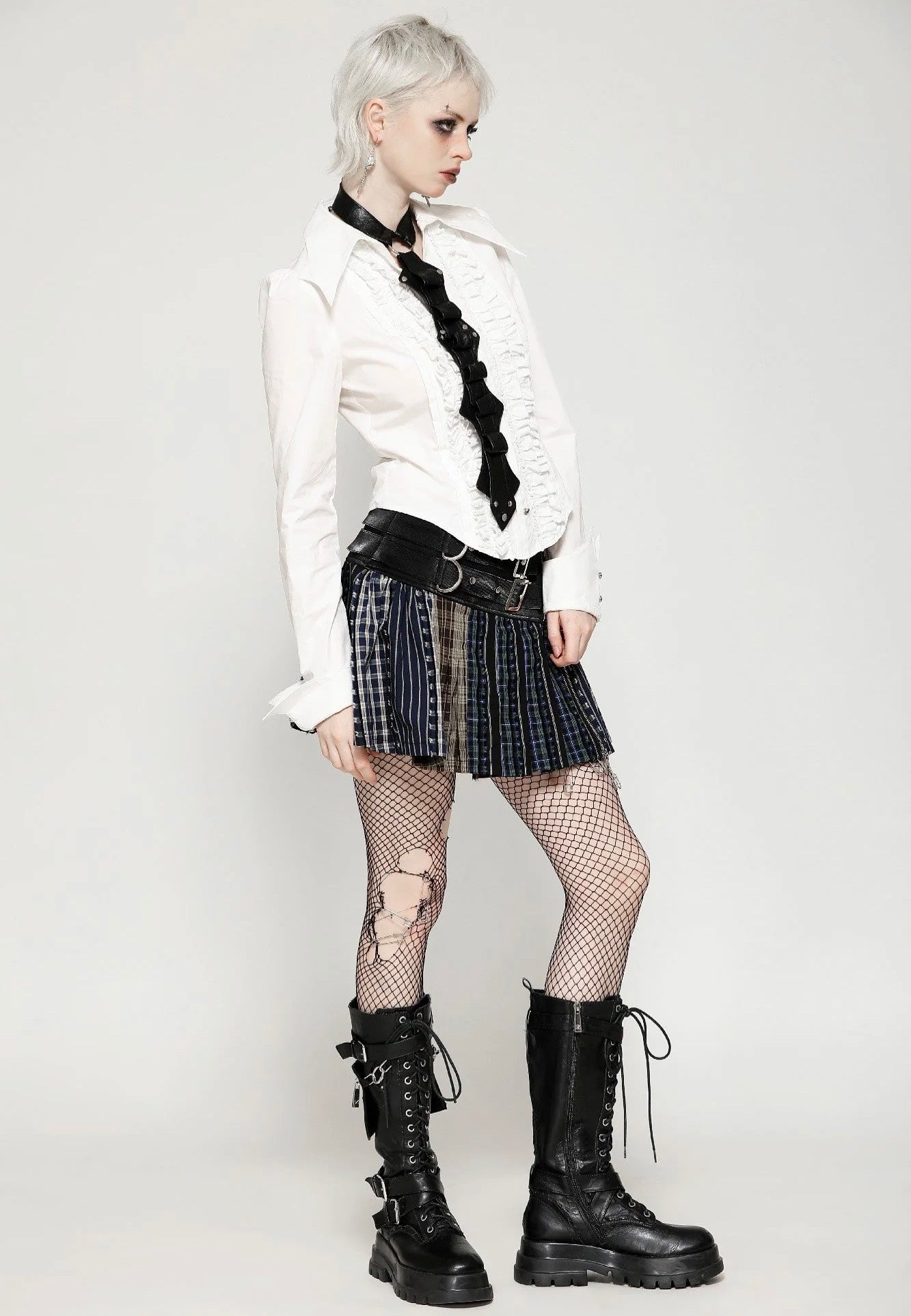 Dark In Love - Colorful Plaid Patchwork Leather-Waist - Skirt | Women-Image