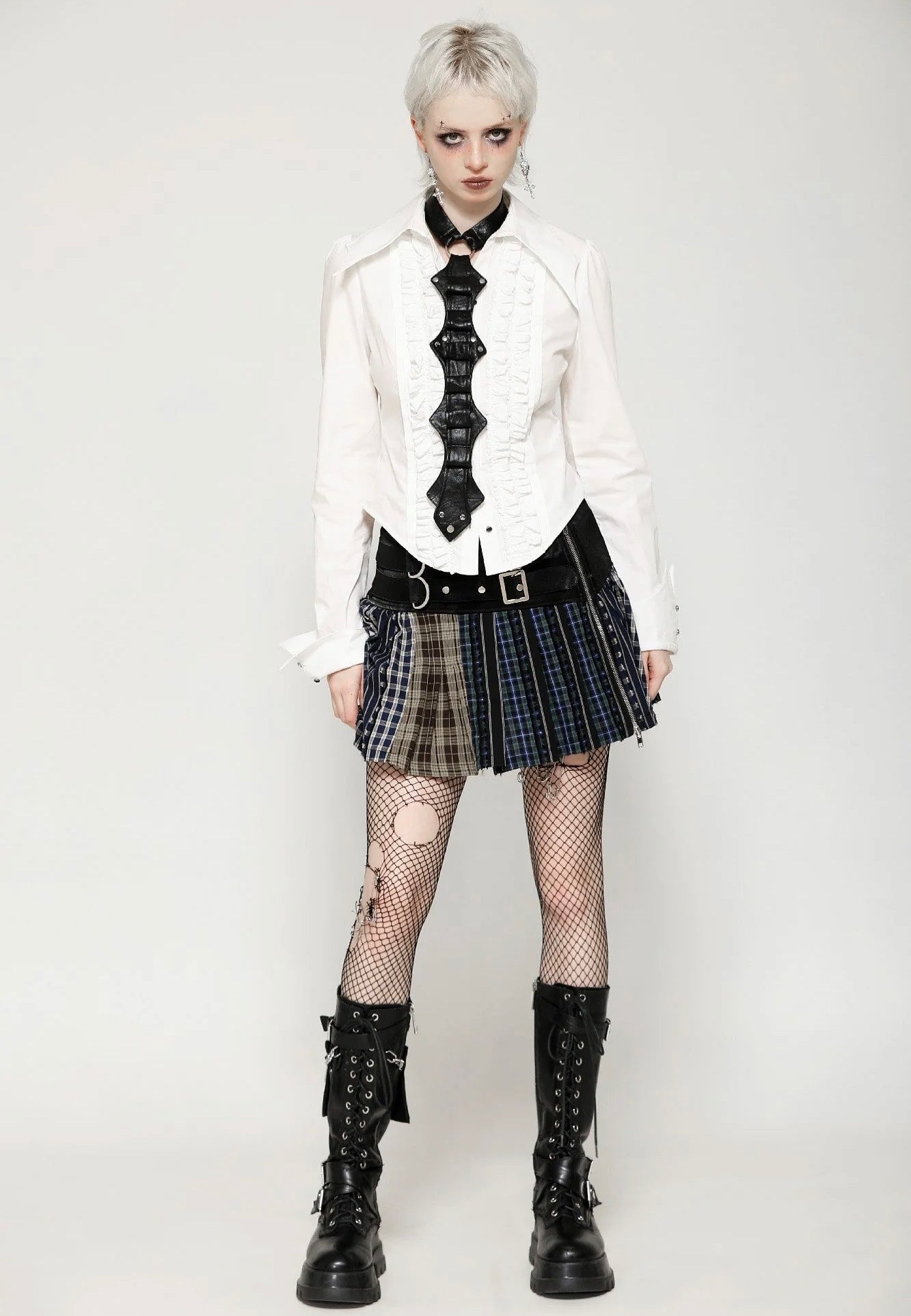 Dark In Love - Colorful Plaid Patchwork Leather-Waist - Skirt | Women-Image