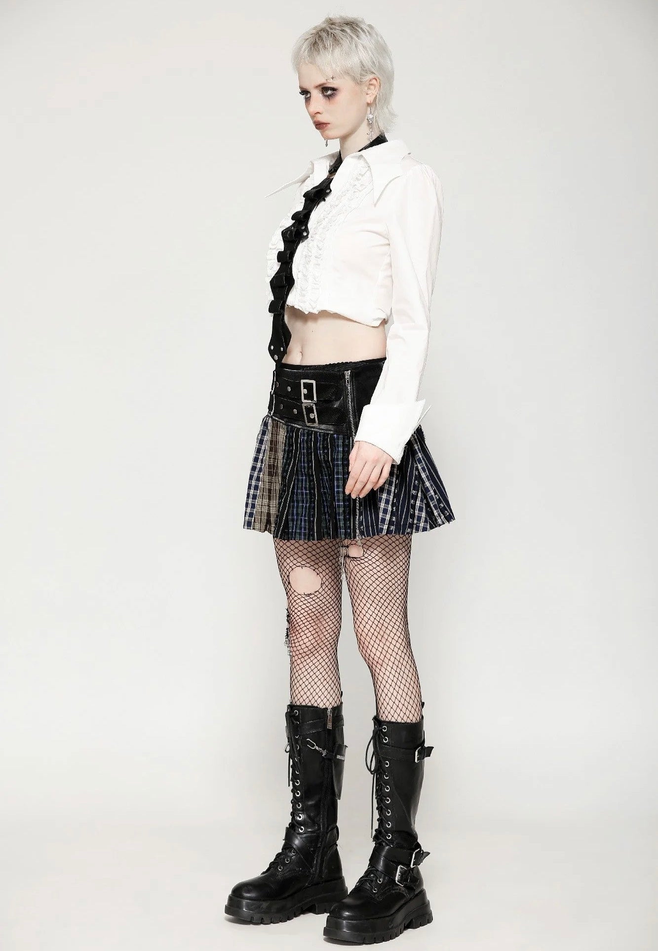 Dark In Love - Colorful Plaid Patchwork Leather-Waist - Skirt | Women-Image