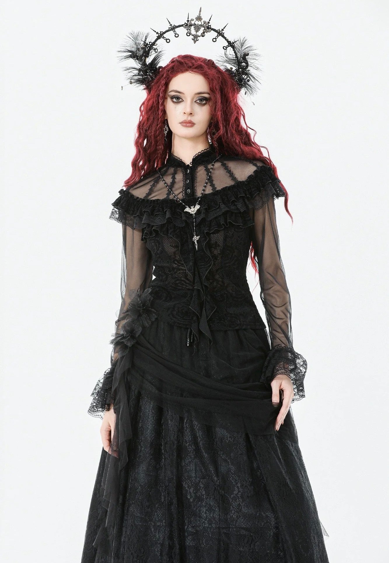 Dark In Love - Gothic Court Floral Pleated Tulle - Skirt | Women-Image