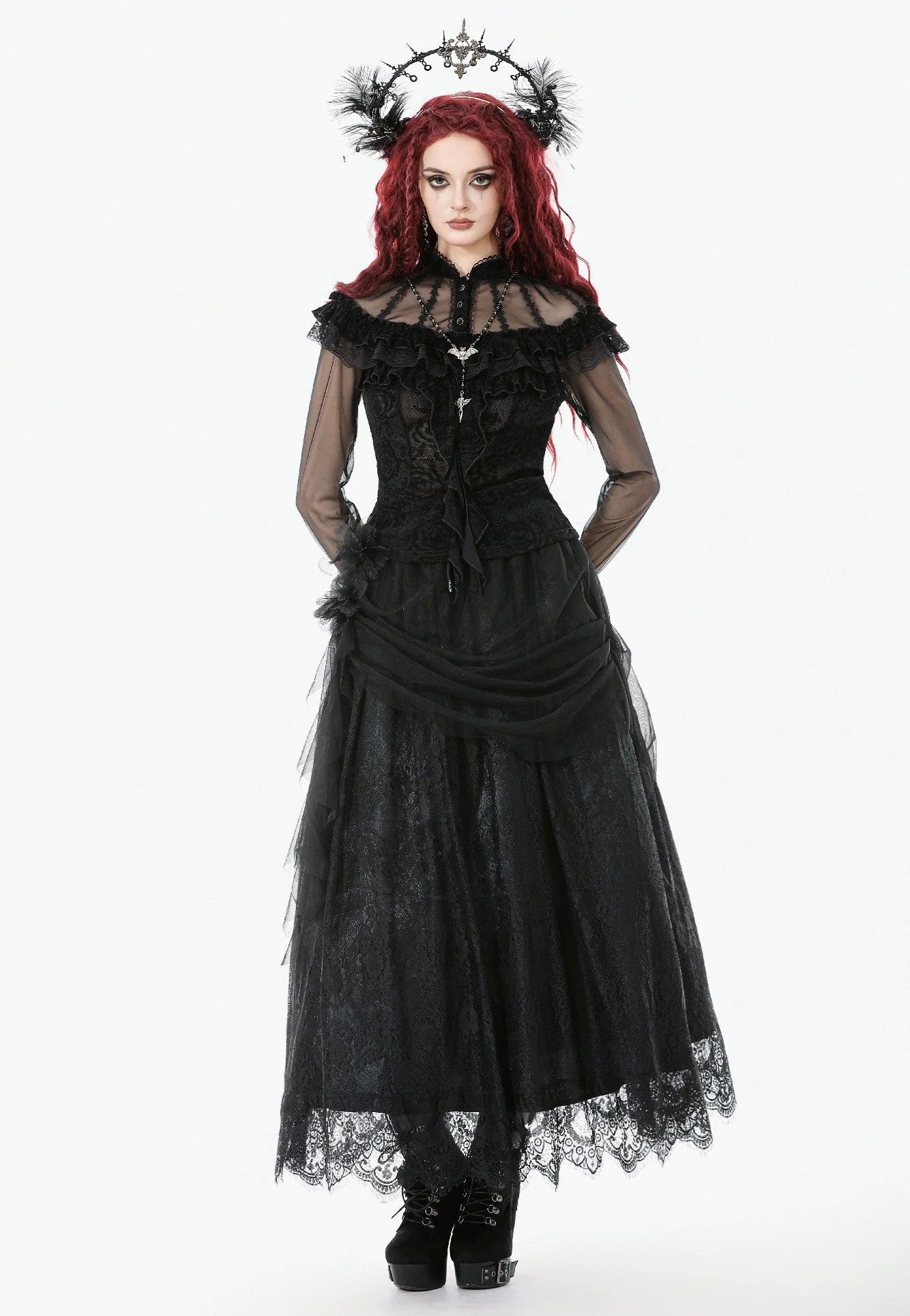 Dark In Love - Gothic Court Floral Pleated Tulle - Skirt | Women-Image