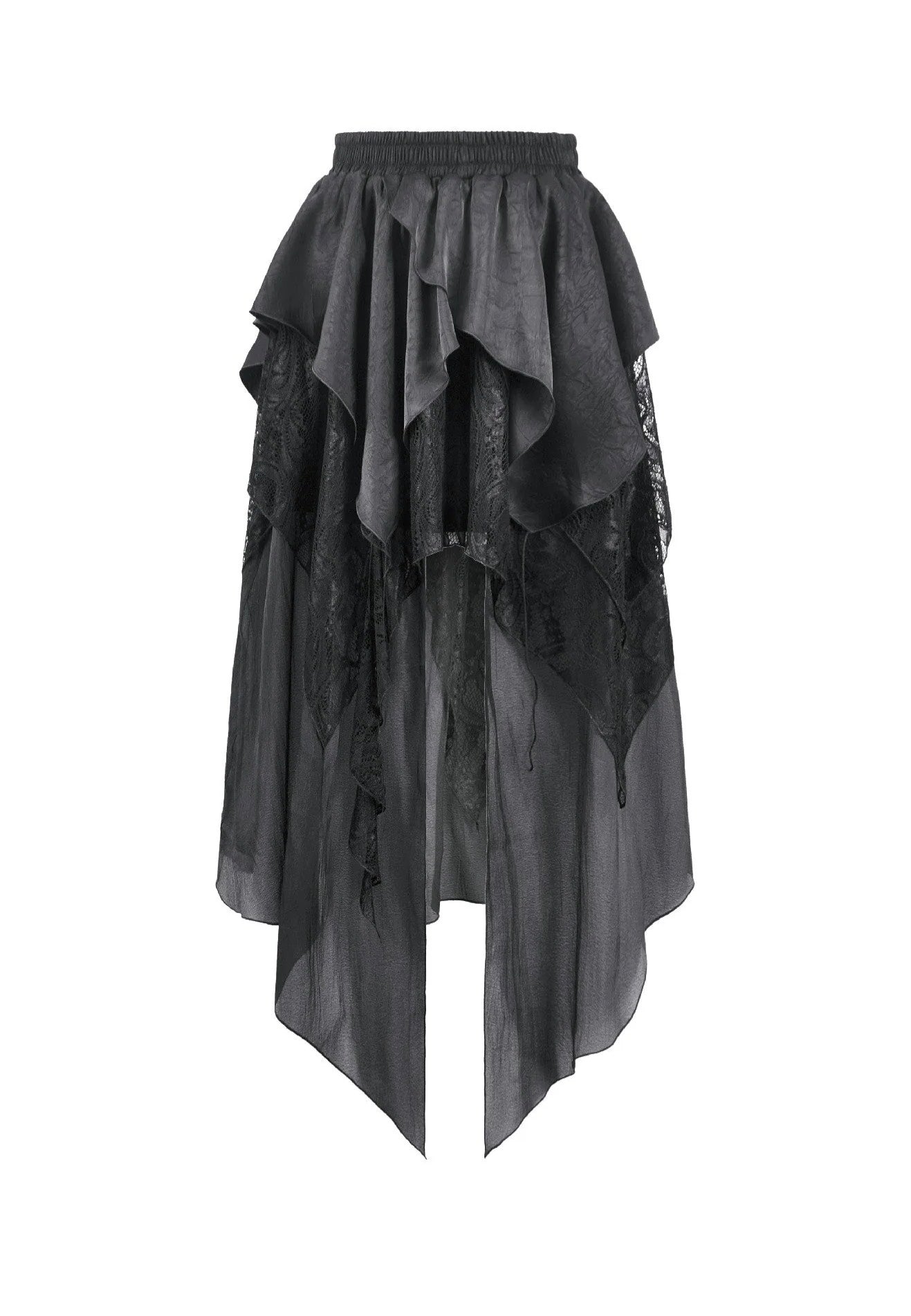 Dark In Love Gothic Ruffled High-Low Jacquard Texture Irregular Tiered Lace Mesh Rock