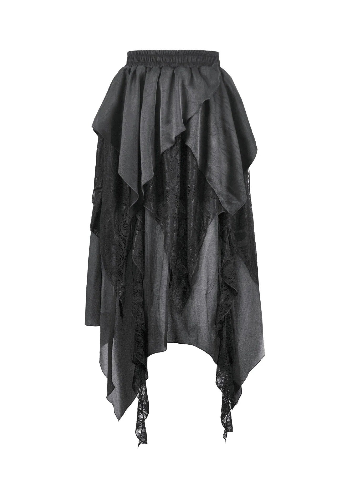 Dark In Love Gothic Ruffled High-Low Jacquard Texture Irregular Tiered Lace Mesh Rock