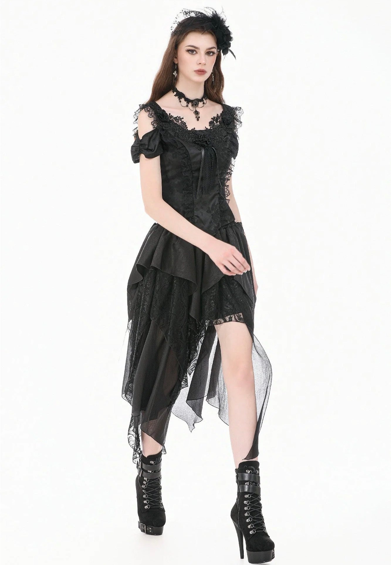 Dark In Love Gothic Ruffled High-Low Jacquard Texture Irregular Tiered Lace Mesh Rock