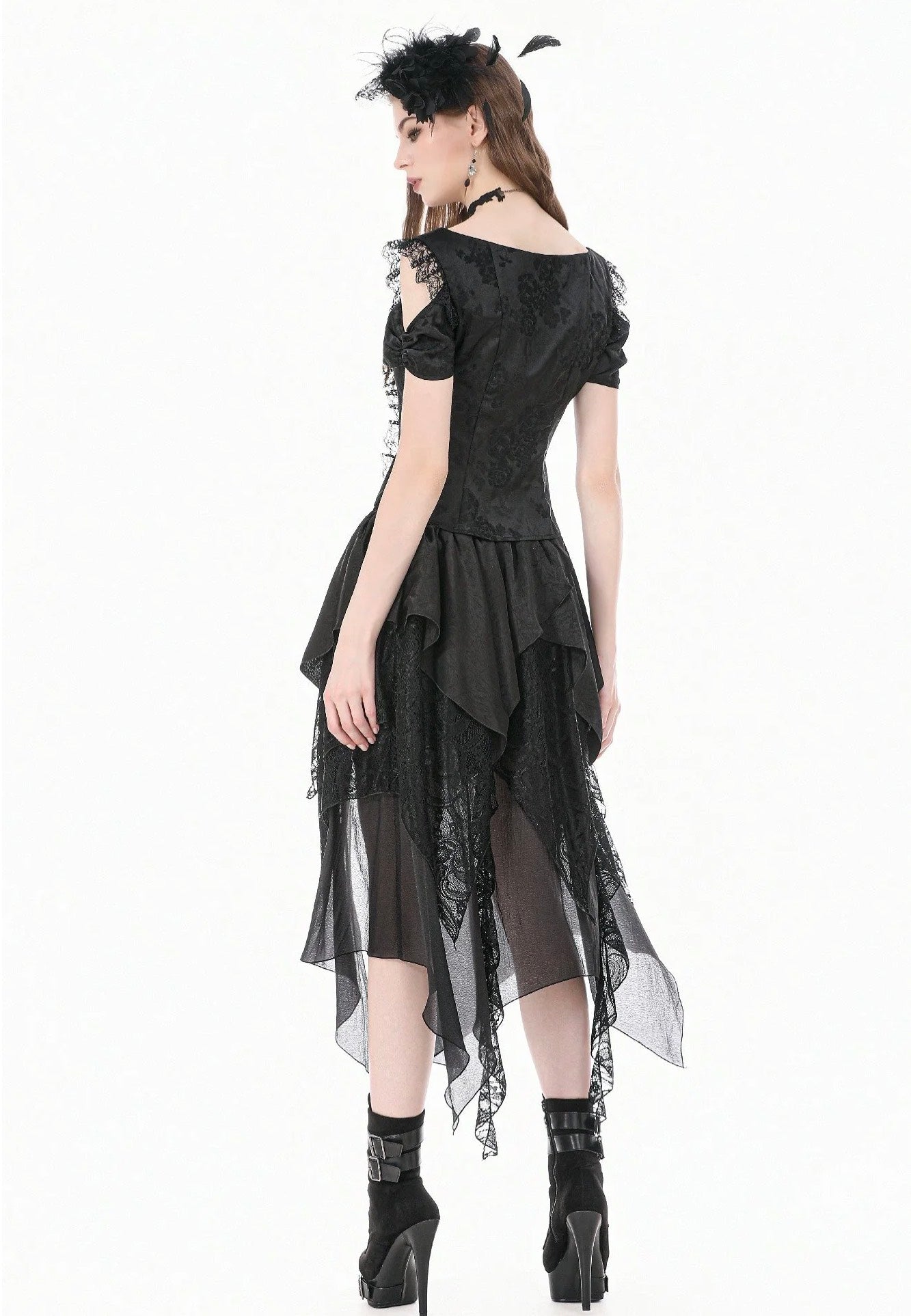 Dark In Love Gothic Ruffled High-Low Jacquard Texture Irregular Tiered Lace Mesh Rock