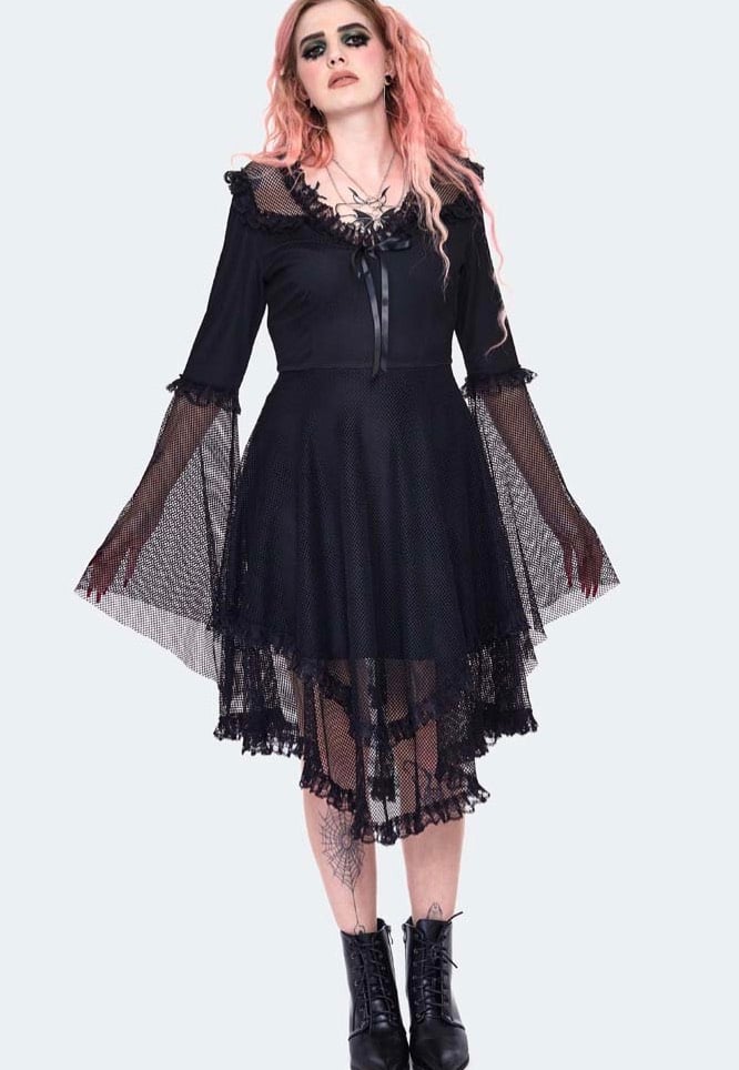 Jawbreaker - Midi Fishnet Flared Black - Dress