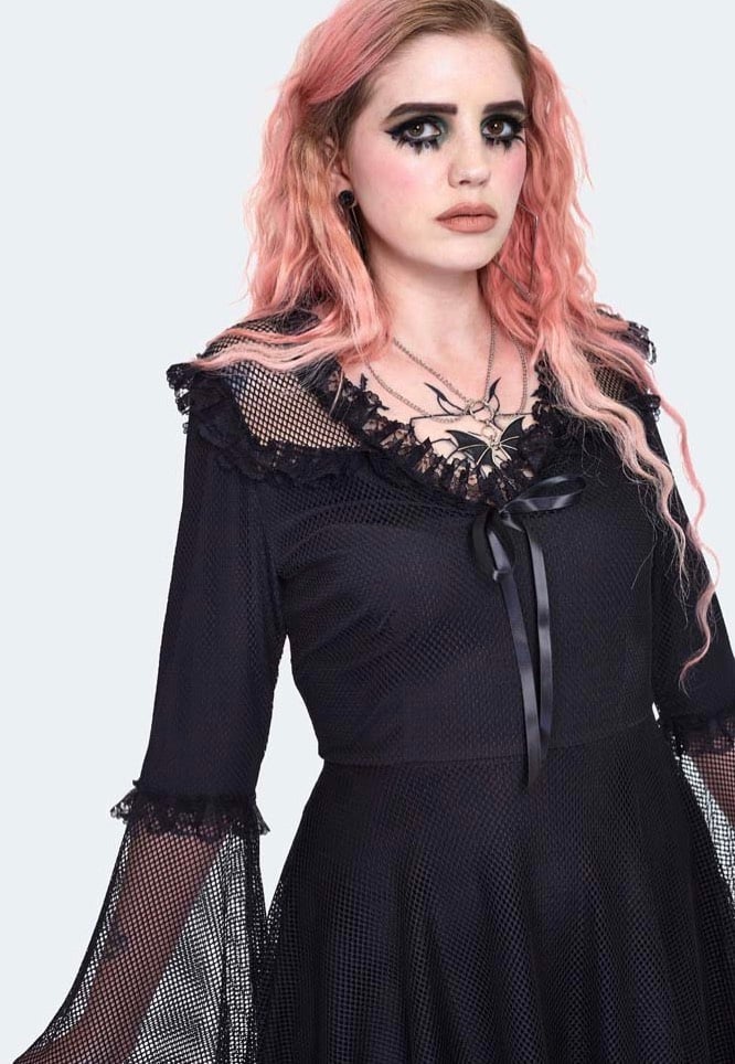 Jawbreaker - Midi Fishnet Flared Black - Dress