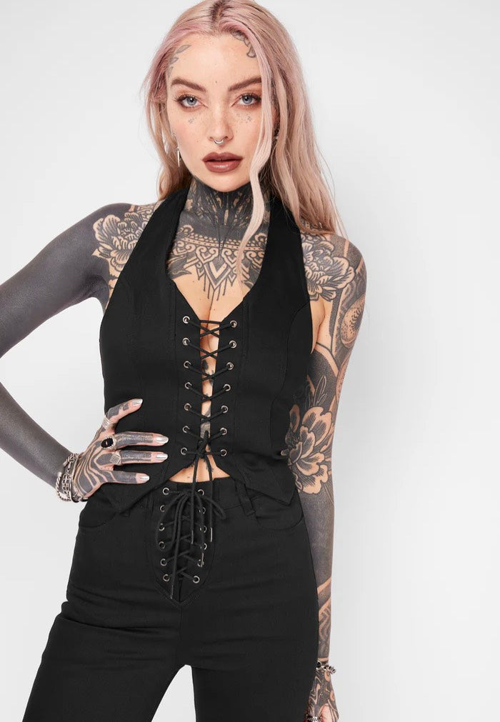 Mary Wyatt - Sienna Lace-Up Halter Black - Top | Women-Image