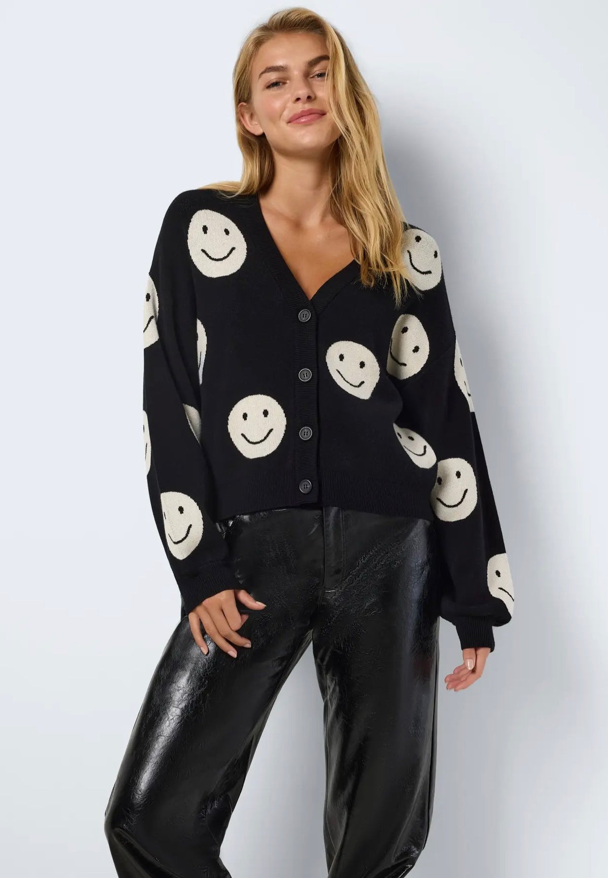 Noisy May Charlott V-Neck Black Oatmeal Moons Cardigan