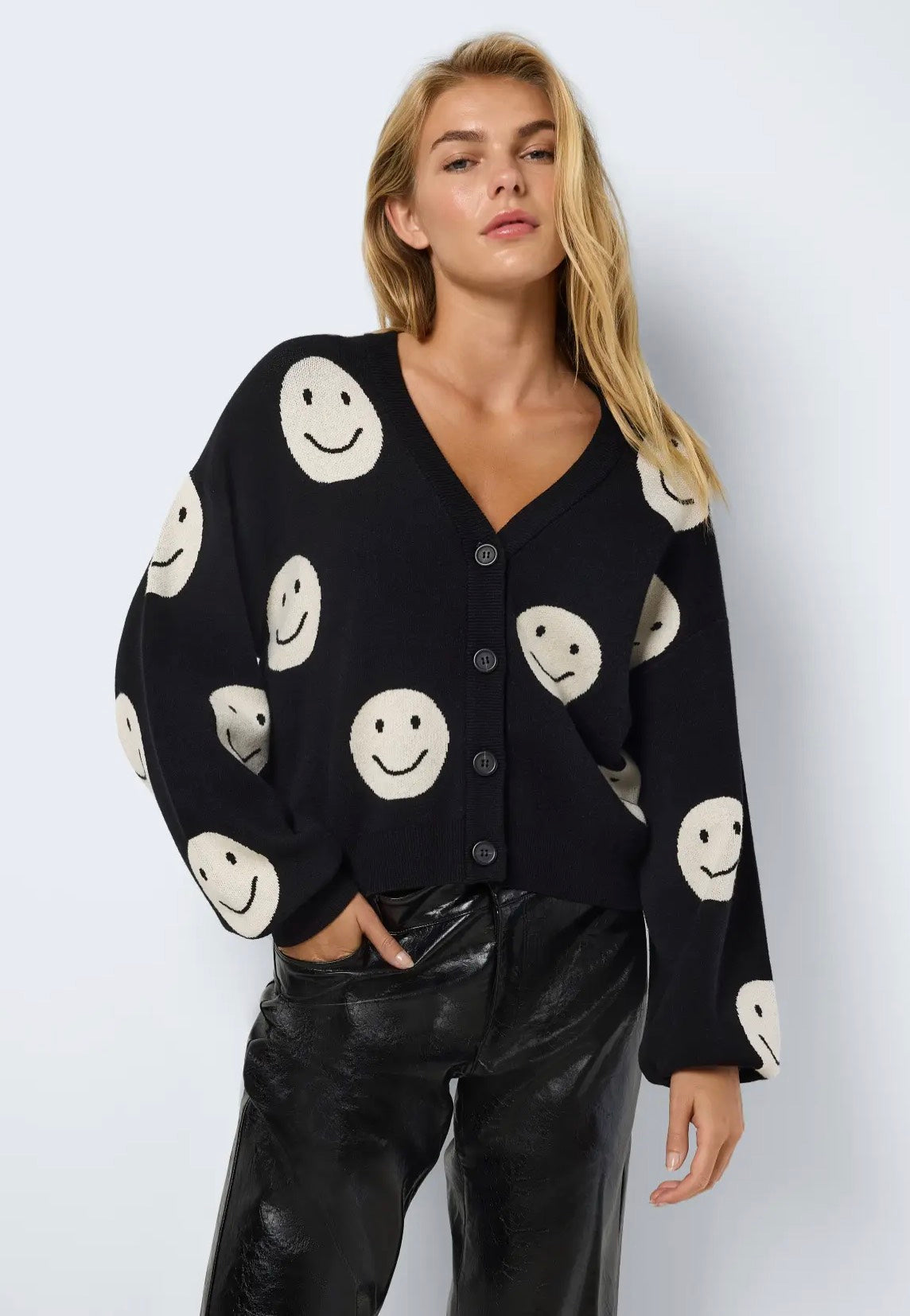 Noisy May Charlott V-Neck Black Oatmeal Moons Cardigan