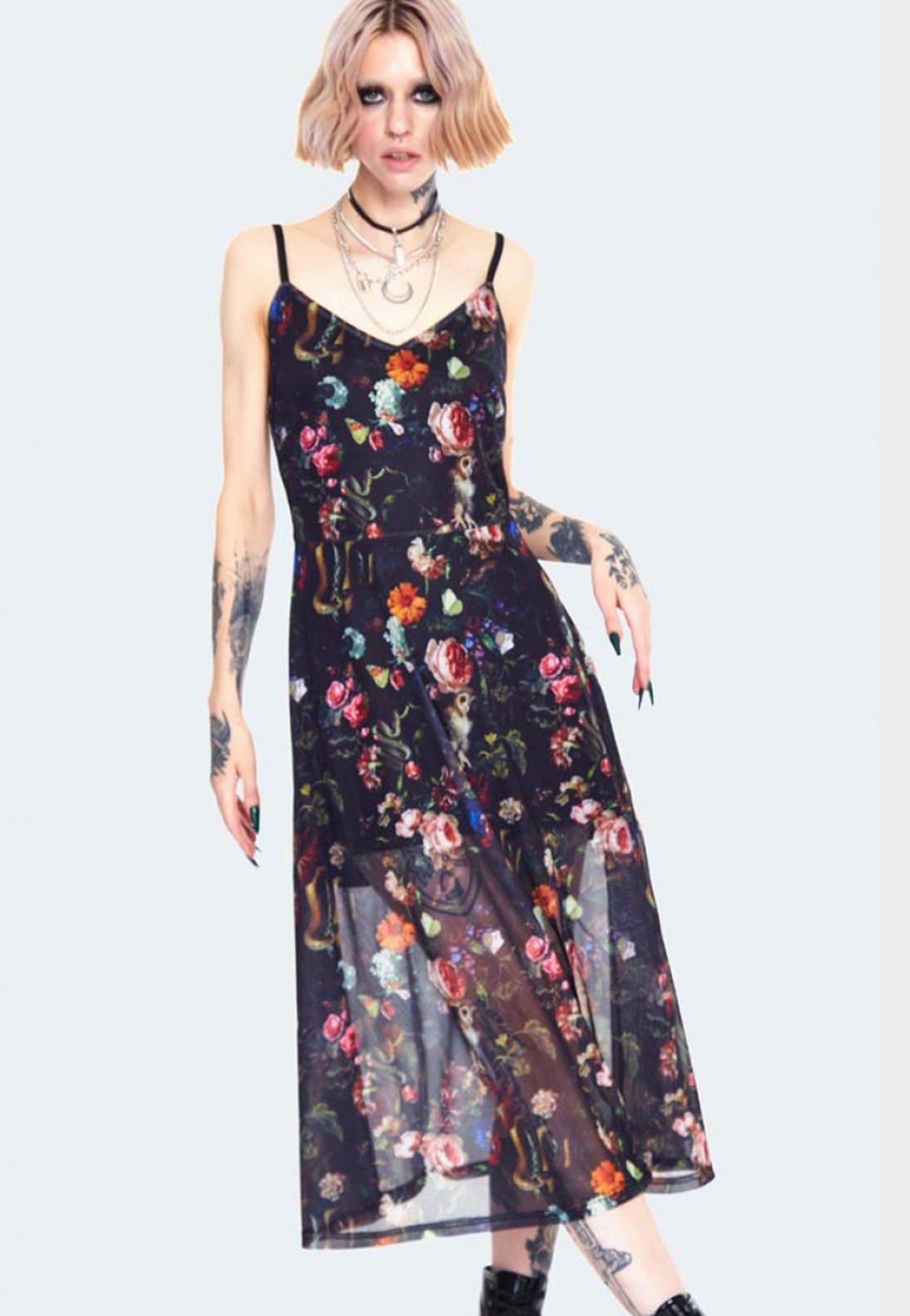 Jawbreaker - Night Garden Print Midi With Front Open Black - Dress