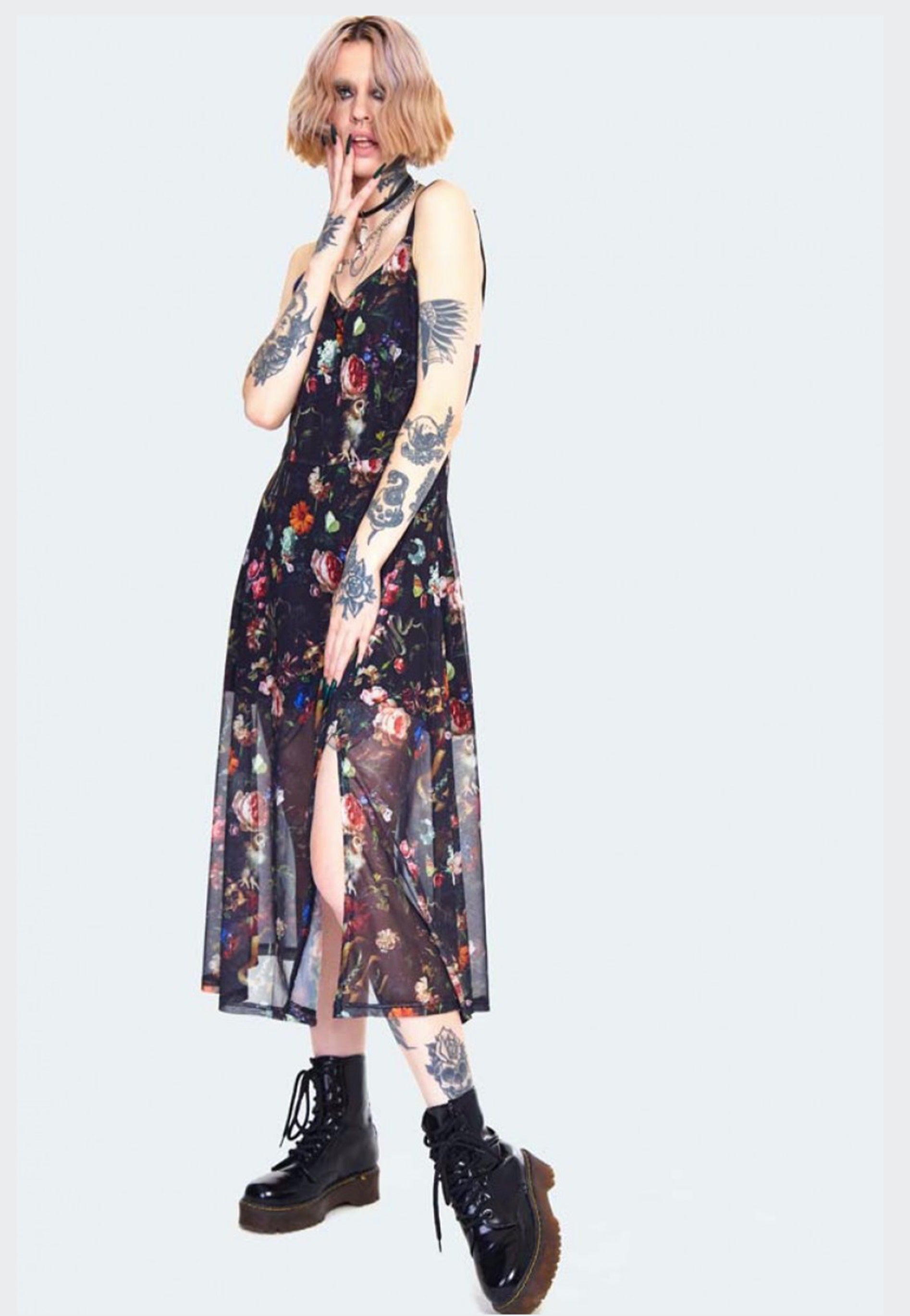 Jawbreaker - Night Garden Print Midi With Front Open Black - Dress