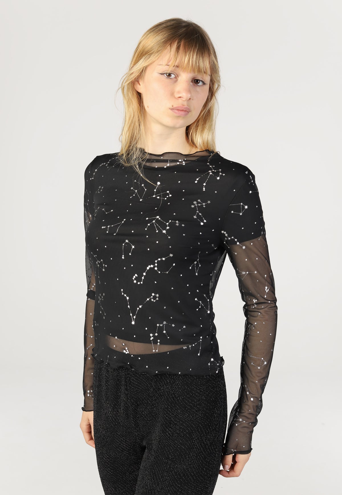Noisy May Star Foil High Neck Mesh Black Zodiac Top