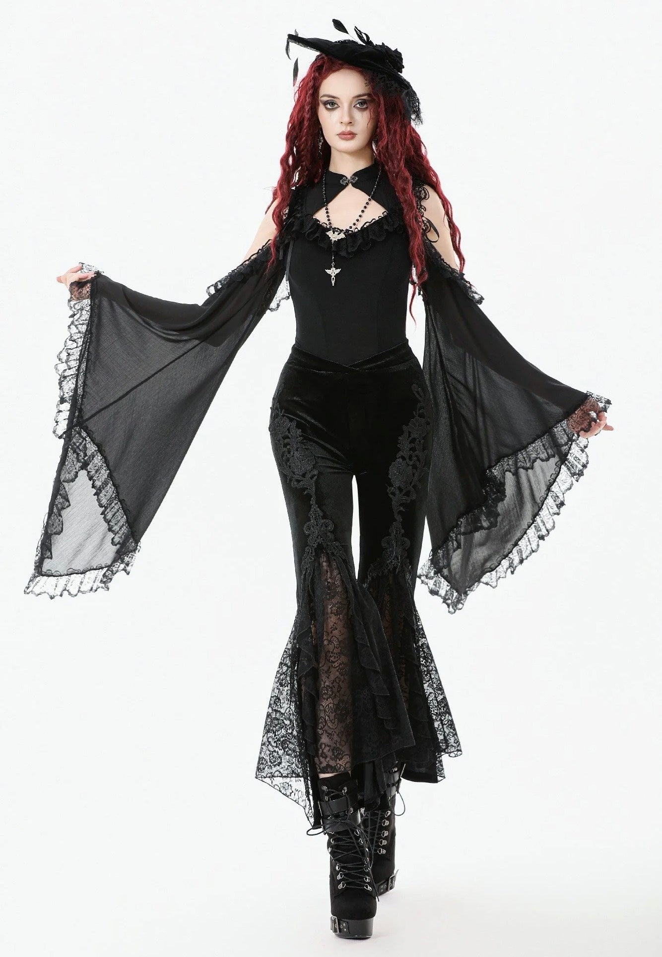Dark In Love - Gothic Applique Velvet Flared - Pants | Women-Image