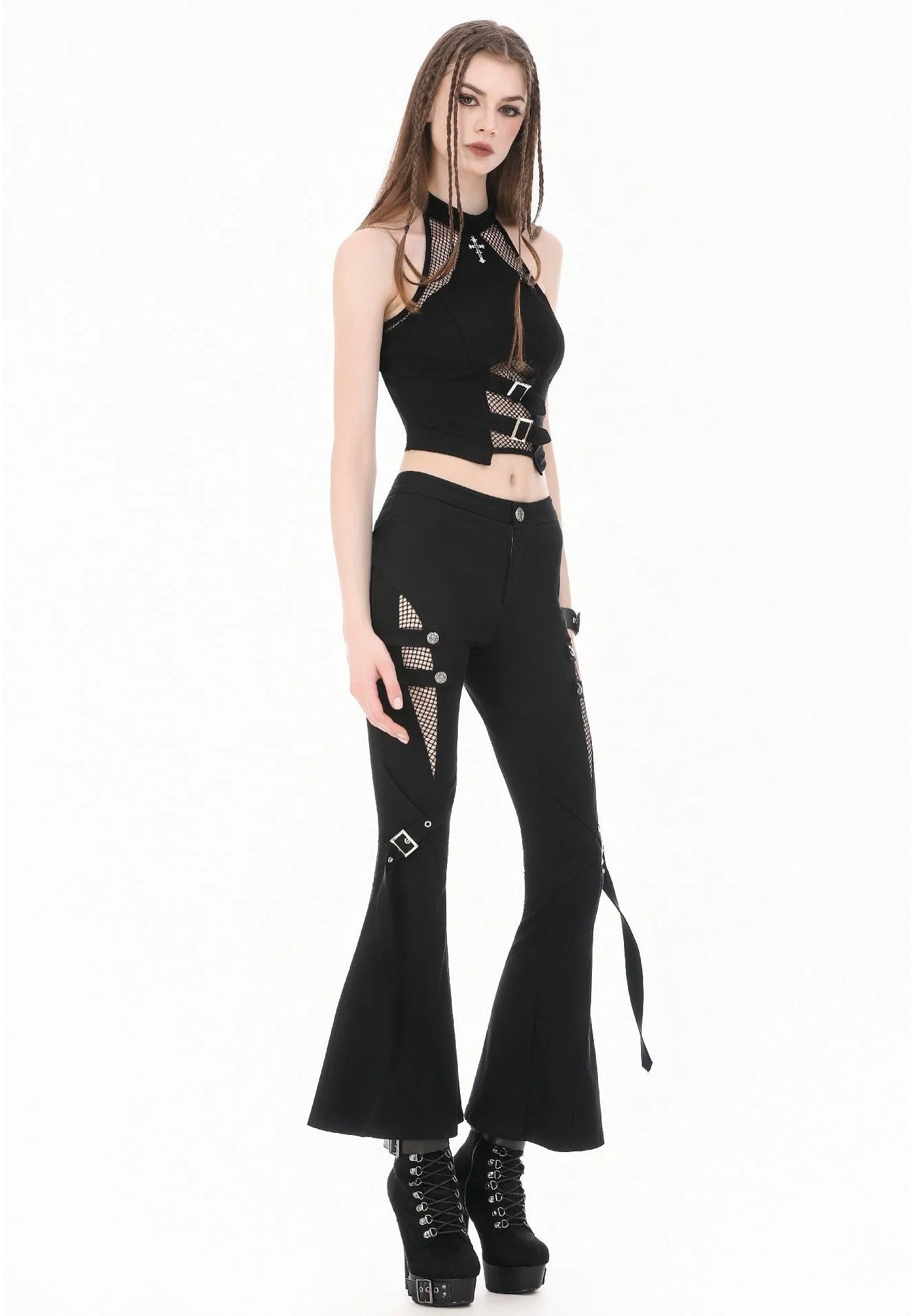 Dark In Love Dark Rift Gothic Punk Mesh Patchwork Cutout Buckle Flare Pantalones