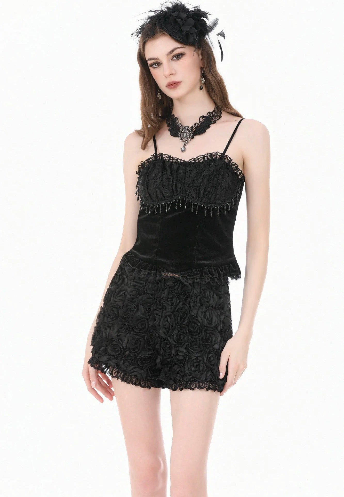 Dark In Love Dark Rose Gothic 3D Floral Jacquard Lace Trimmed Shorts