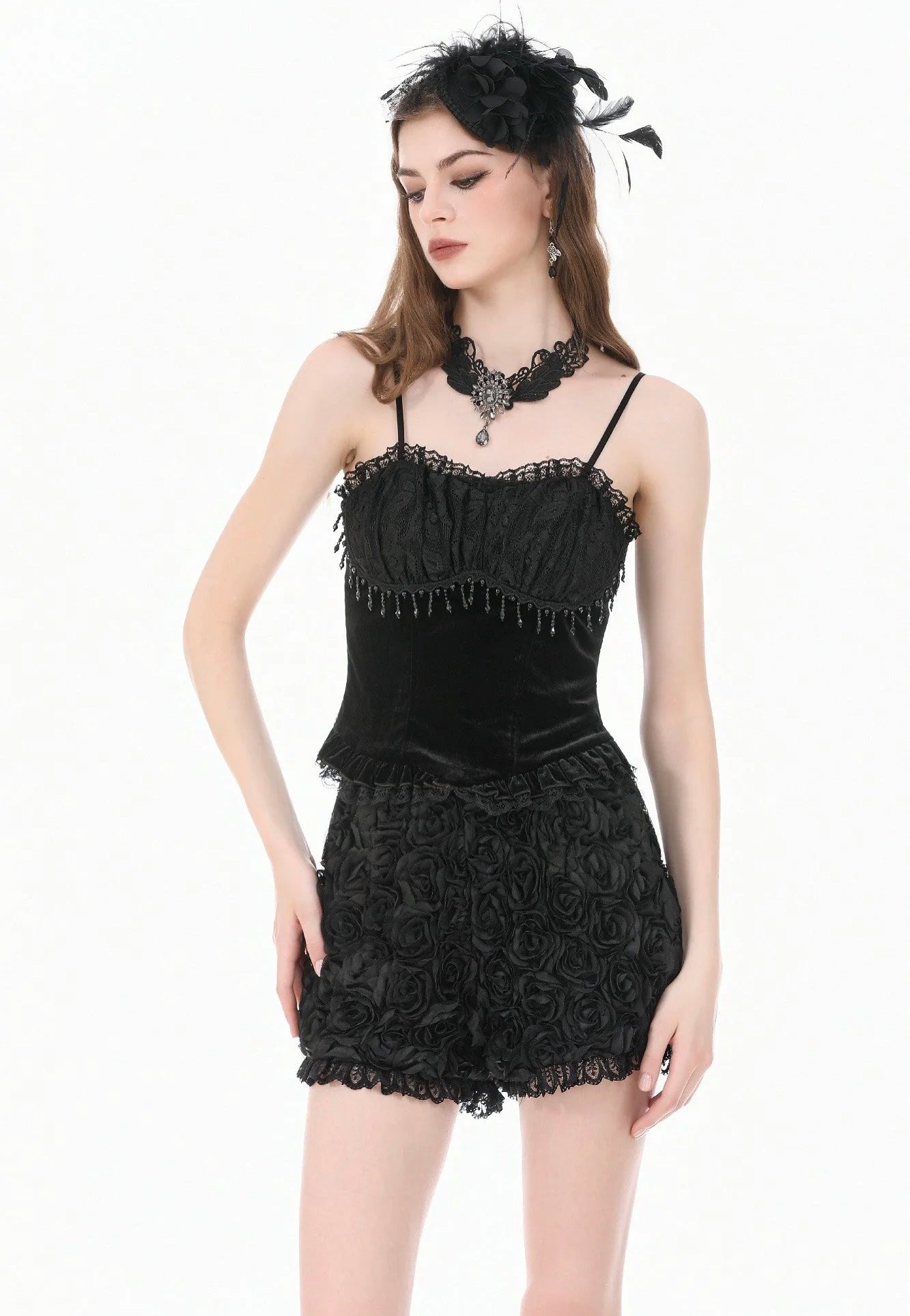 Dark In Love Dark Rose Gothic 3D Floral Jacquard Lace Trimmed Shorts