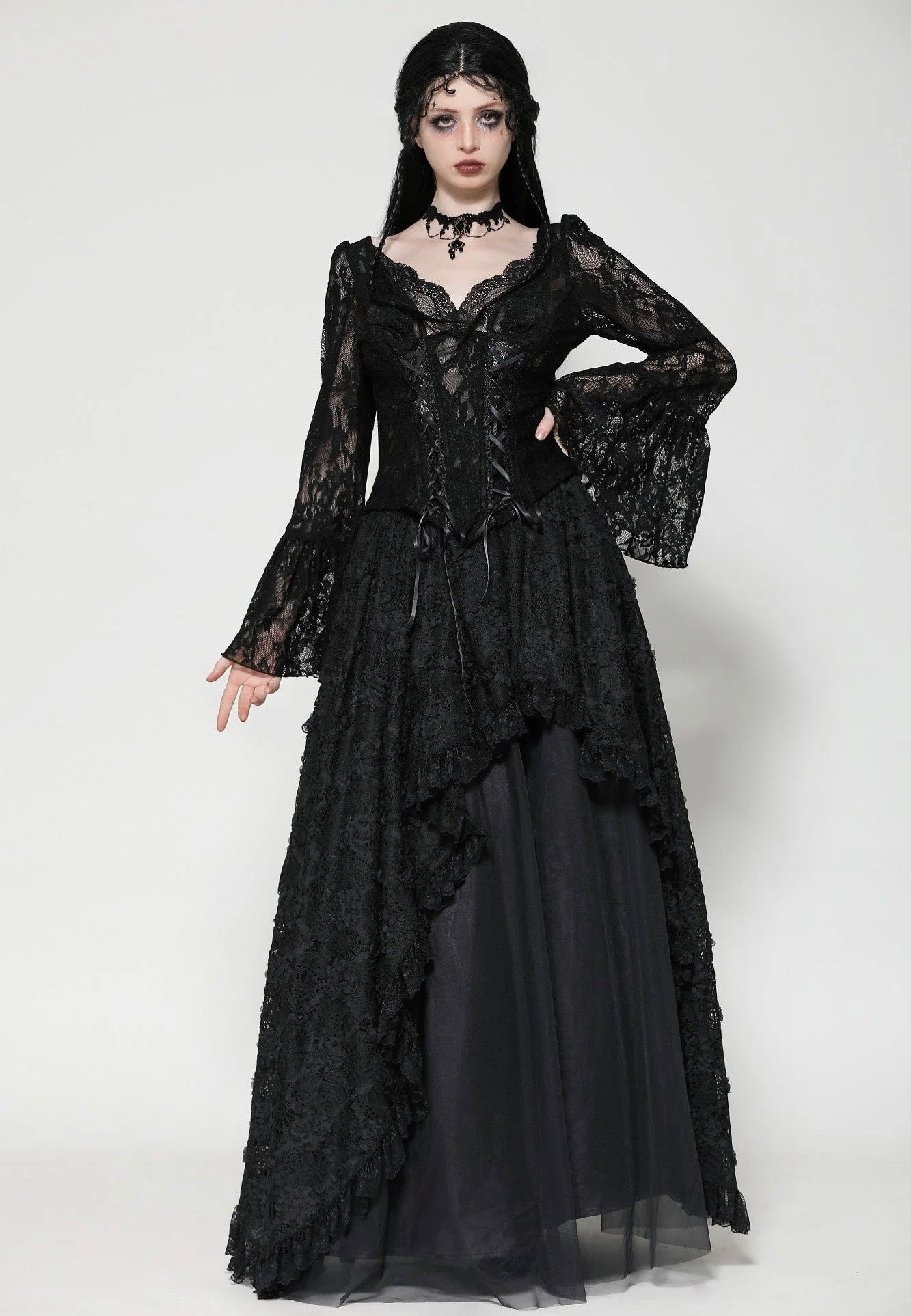 Dark In Love - Gothic Dark Lace Sexy Deep V-Neck - Top | Women-Image