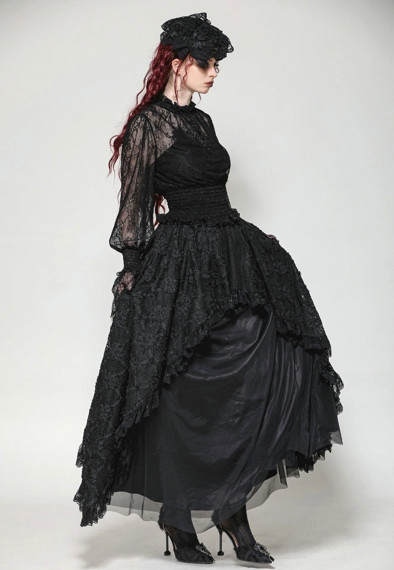 Dark In Love - Black Hollow Lace Elastic Pleated Waist Eyelash Lace Cuff - Top | Women-Image