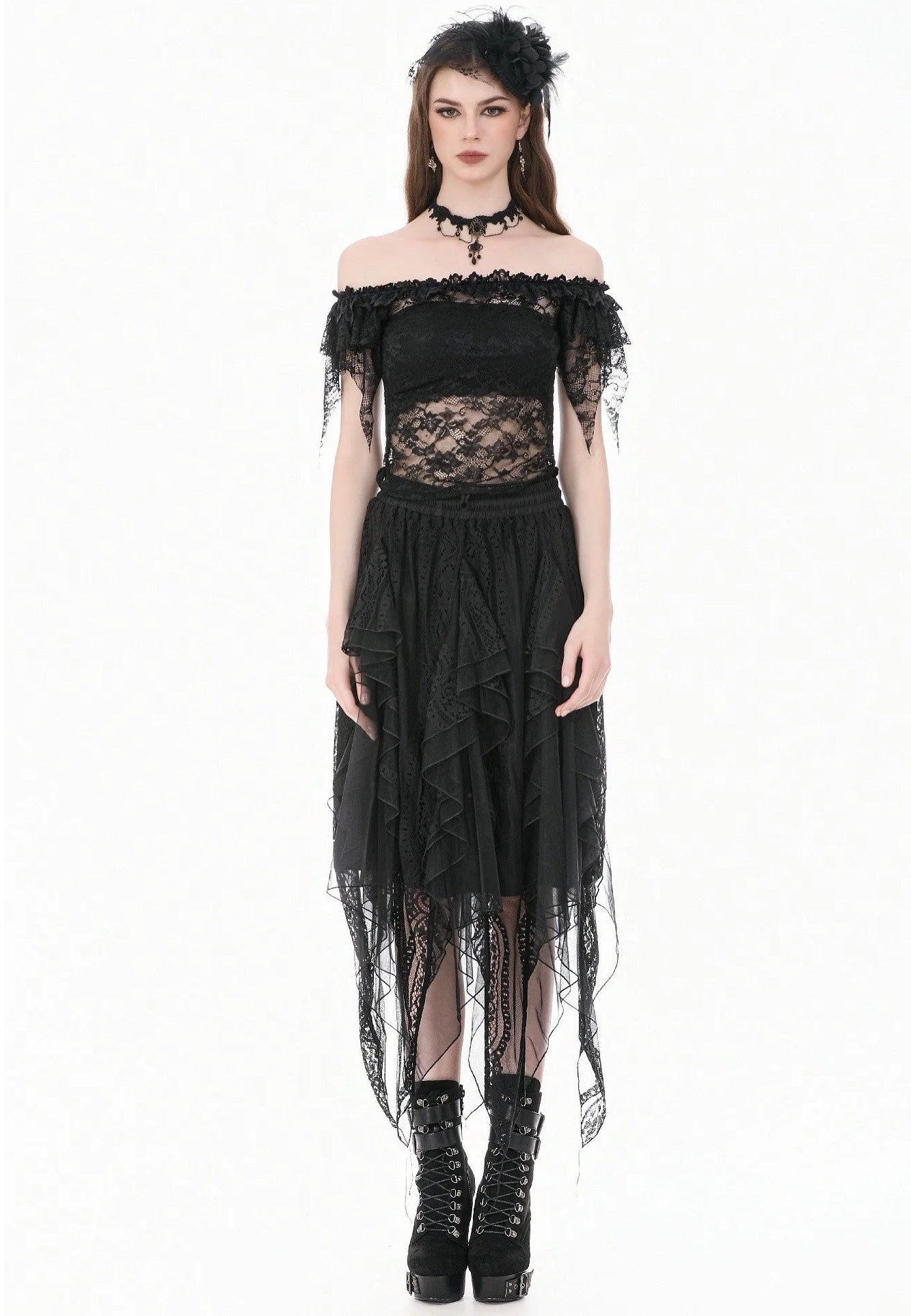 Dark In Love Gothic Romantic Off Shoulder Sheer Lace Oberteil