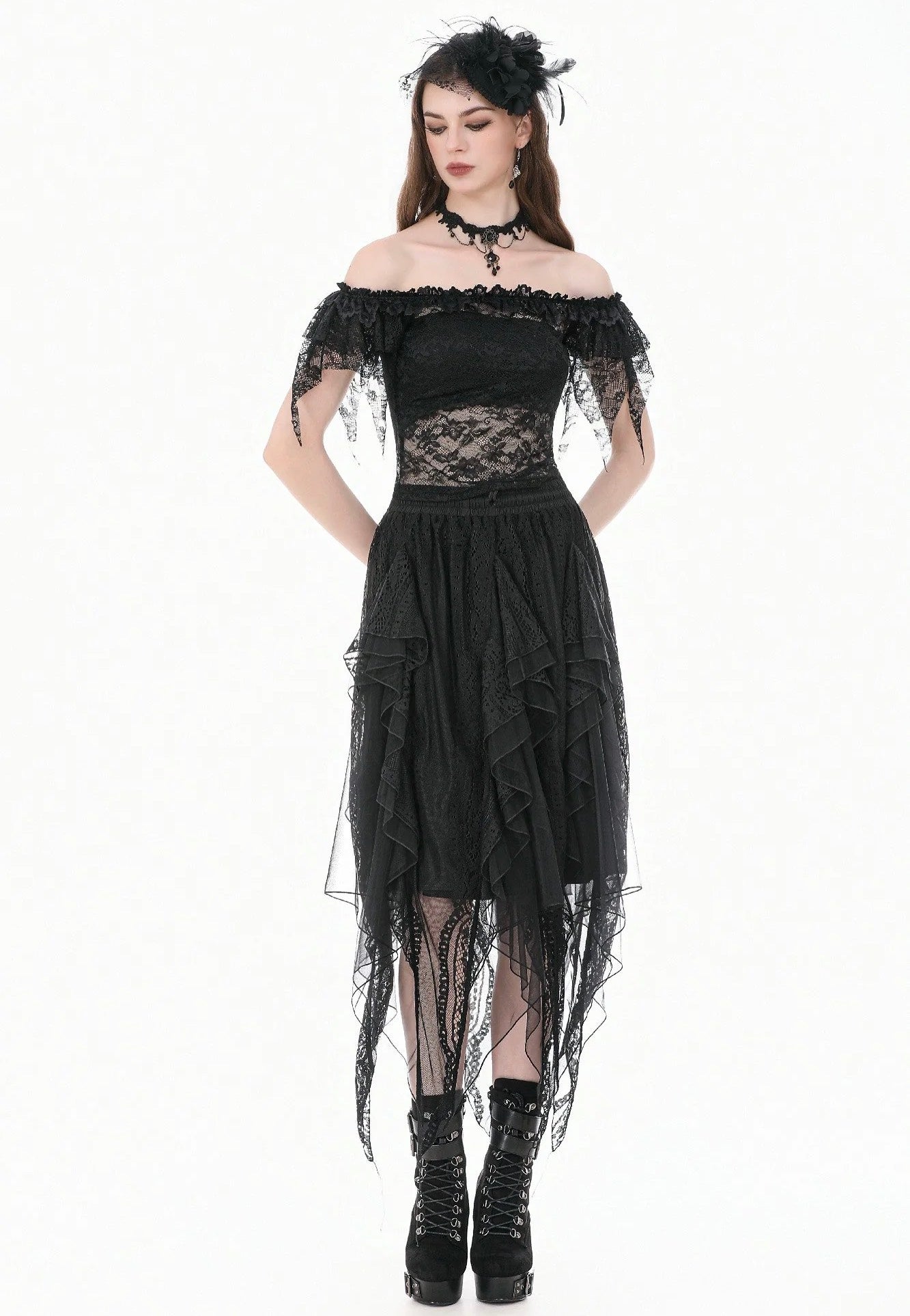 Dark In Love Gothic Romantic Off Shoulder Sheer Lace Oberteil