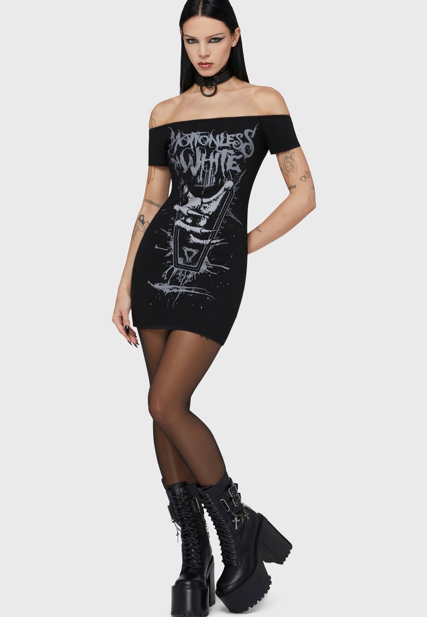 Killstar x Motionless In White - Up From Hell Bardot Black - Dress | Women-Image