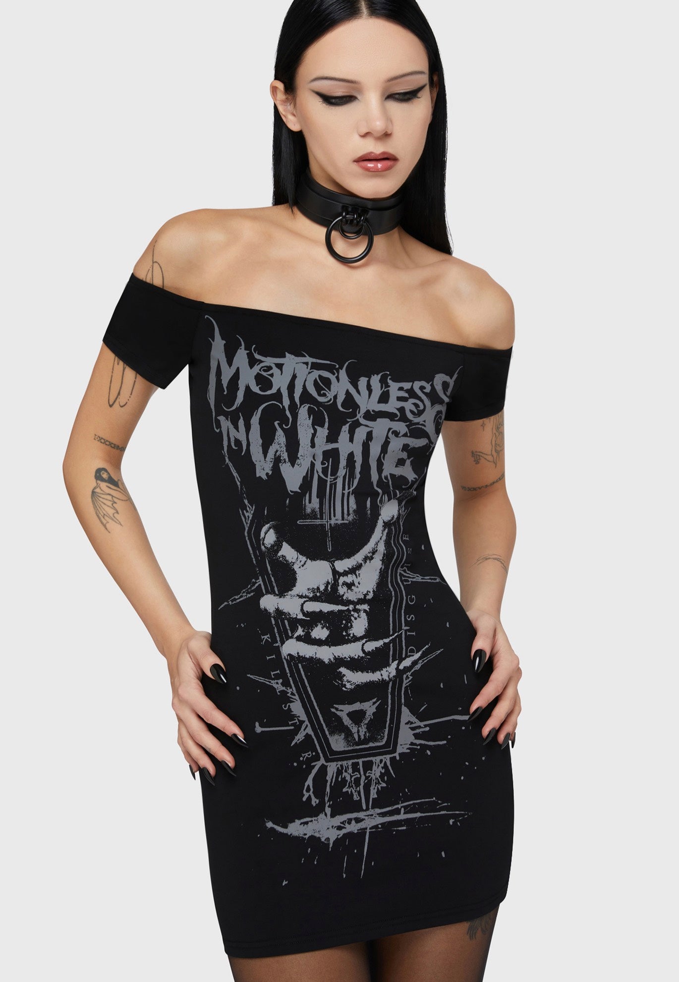black choker detail bardot bodycon dress Killstar x Motionless In White - Up From Hell Bardot Black - Dress