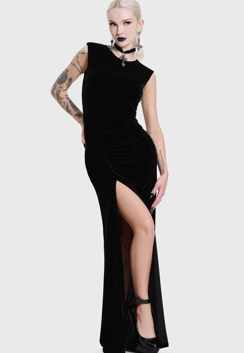 Killstar Nova Velvet Knot Maxi Black Kleid