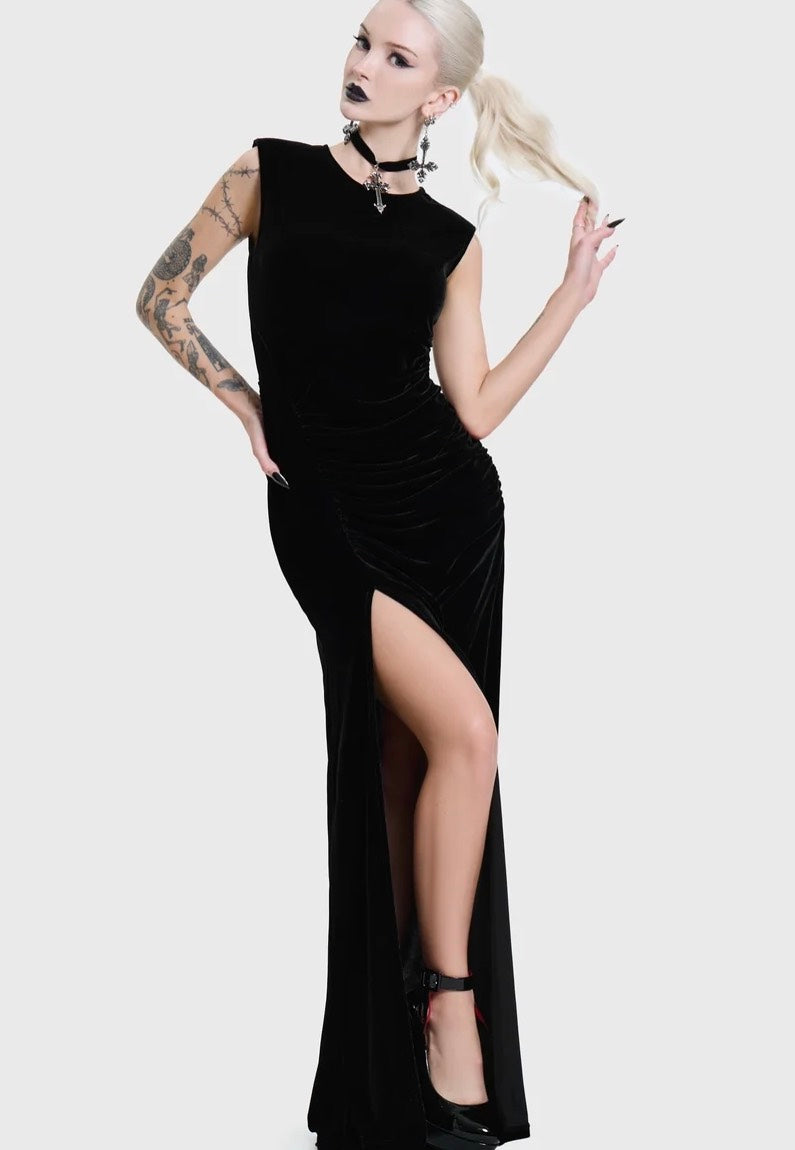 Killstar Nova Velvet Knot Maxi Black Kleid