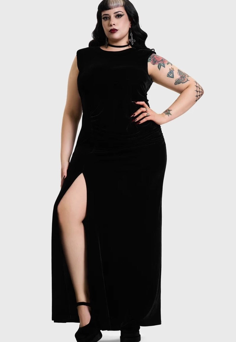 Killstar Nova Velvet Knot Maxi Black Kleid