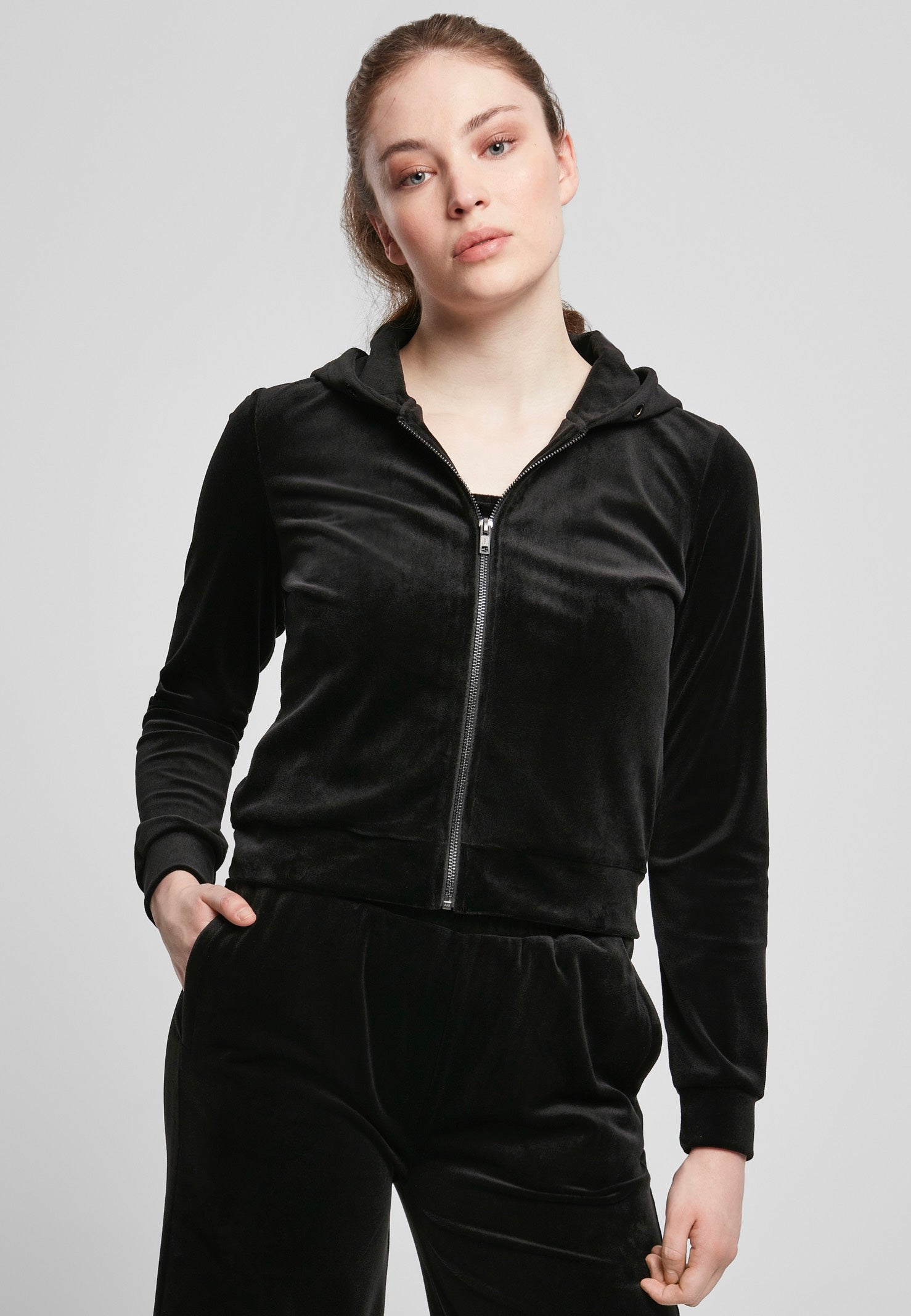 Urban Classics - Ladies Short Velvet Zip Black - Zipper