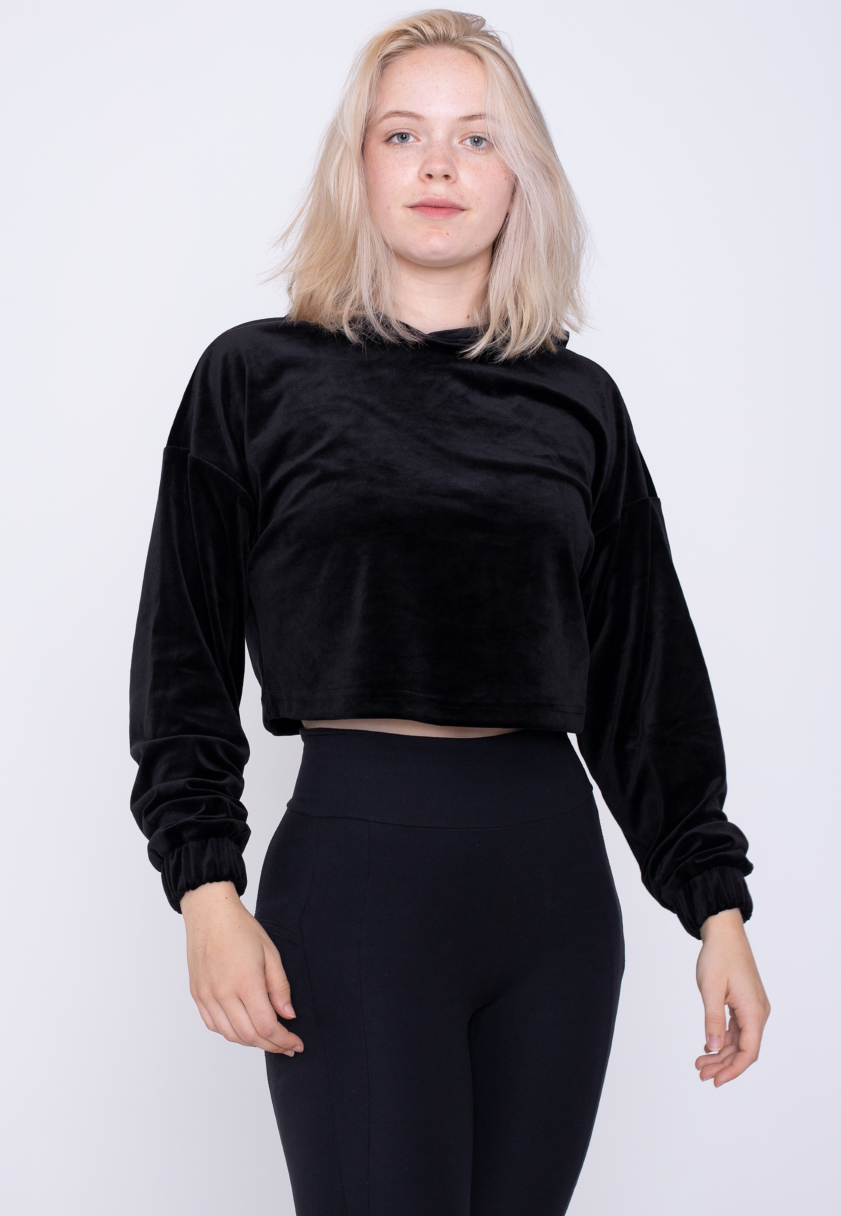 Urban Classics - Ladies Cropped Velvet Oversized Black - Hoodie