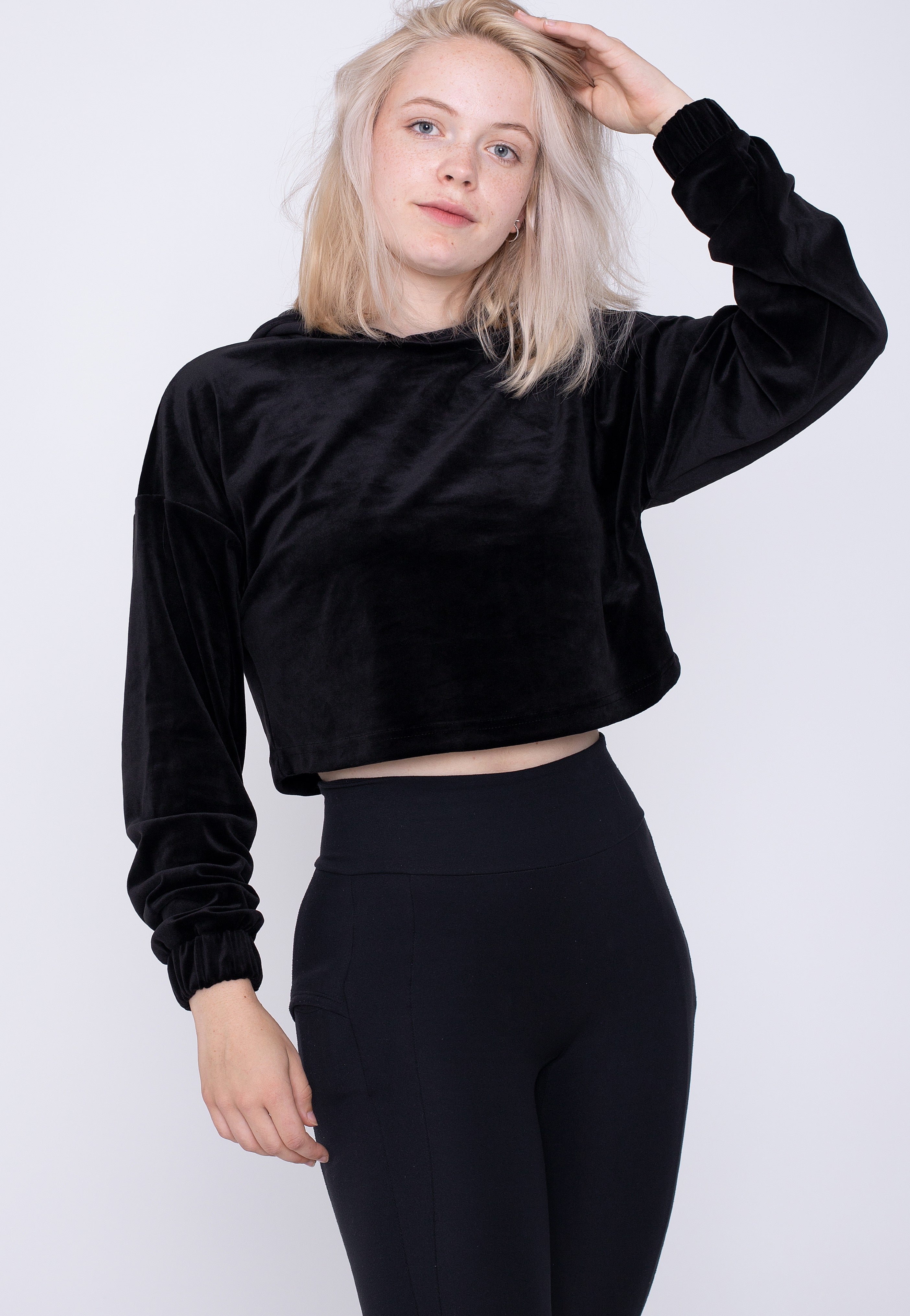 Urban Classics - Ladies Cropped Velvet Oversized Black - Hoodie