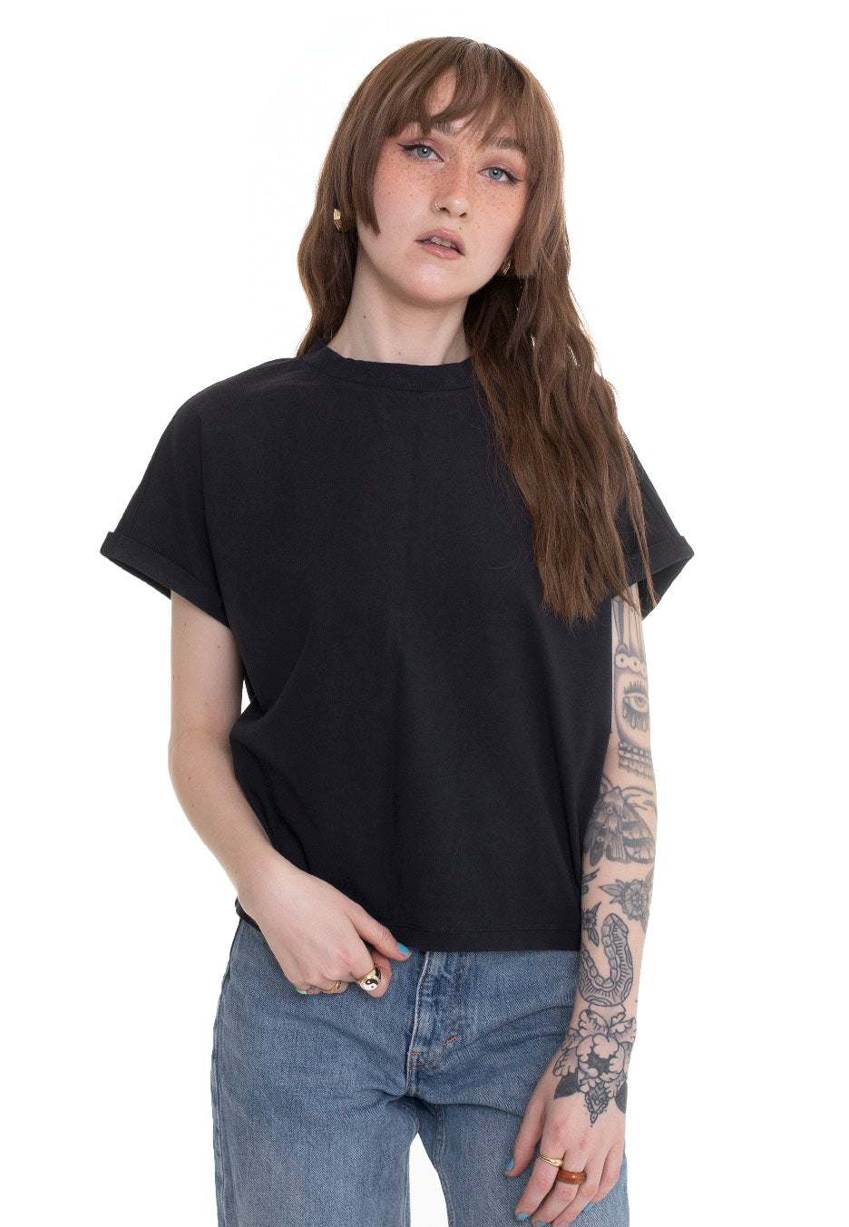 Urban Classics - Ladies Short Pigment Dye Cut On Sleeve Black - T-Shirt